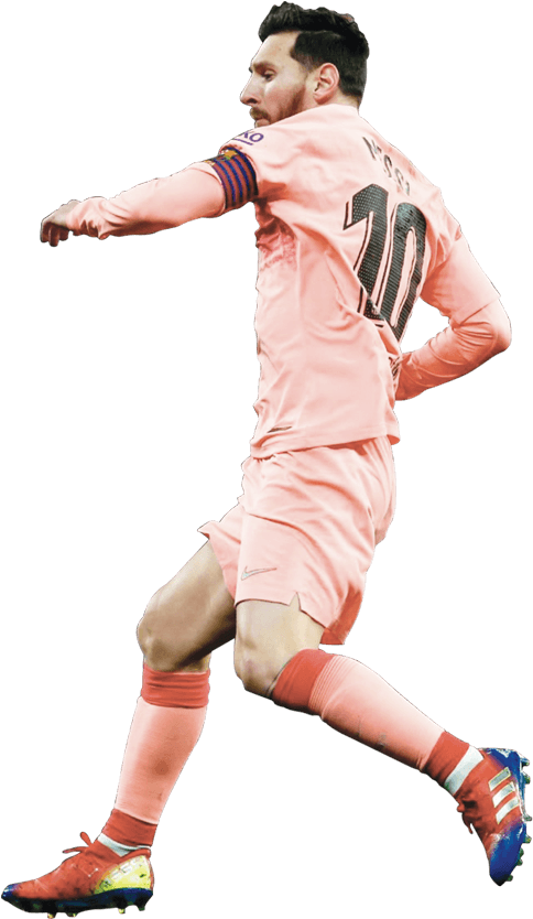 Football Player 桌布 壁紙 — 足球員梅西身穿珊瑚粉紅色10號球衣，在黑色背景前衝刺。