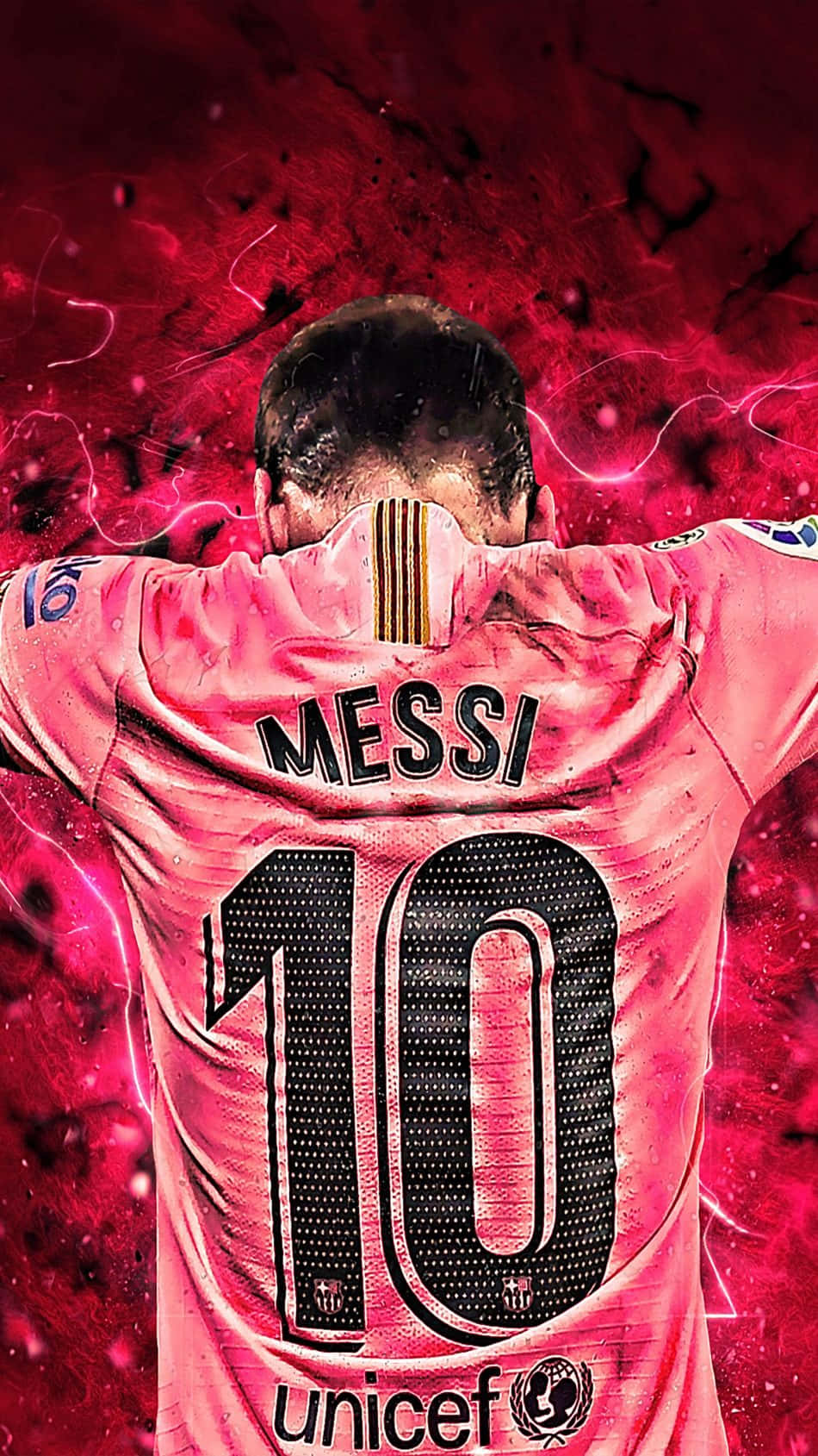 Messi Cool 桌布 壁紙 — 足球員梅西身穿粉紅色10號球衣的背面，背景為電光紅宇宙。
