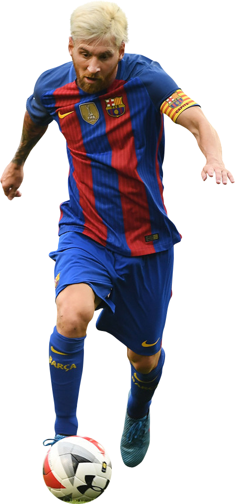 Football Player 桌布 壁紙 — 足球員梅西身穿藍紅間條球衣，跨步中專注地踢足球。