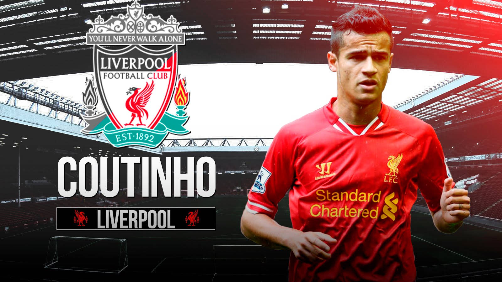 Coutinho 桌布 壁紙 — 足球員菲利普·庫蒂尼奧身穿利物浦紅色球衣，站在球場上，球會徽章和他的名字清晰可見。