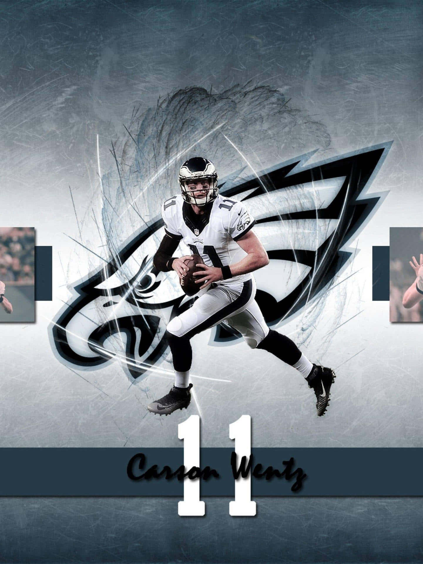 Eagles Football 桌布 壁紙 — 足球四分衛 Carson Wentz 身穿老鷹隊球衣，投球中途，身後有動態運動線條和球隊標誌。