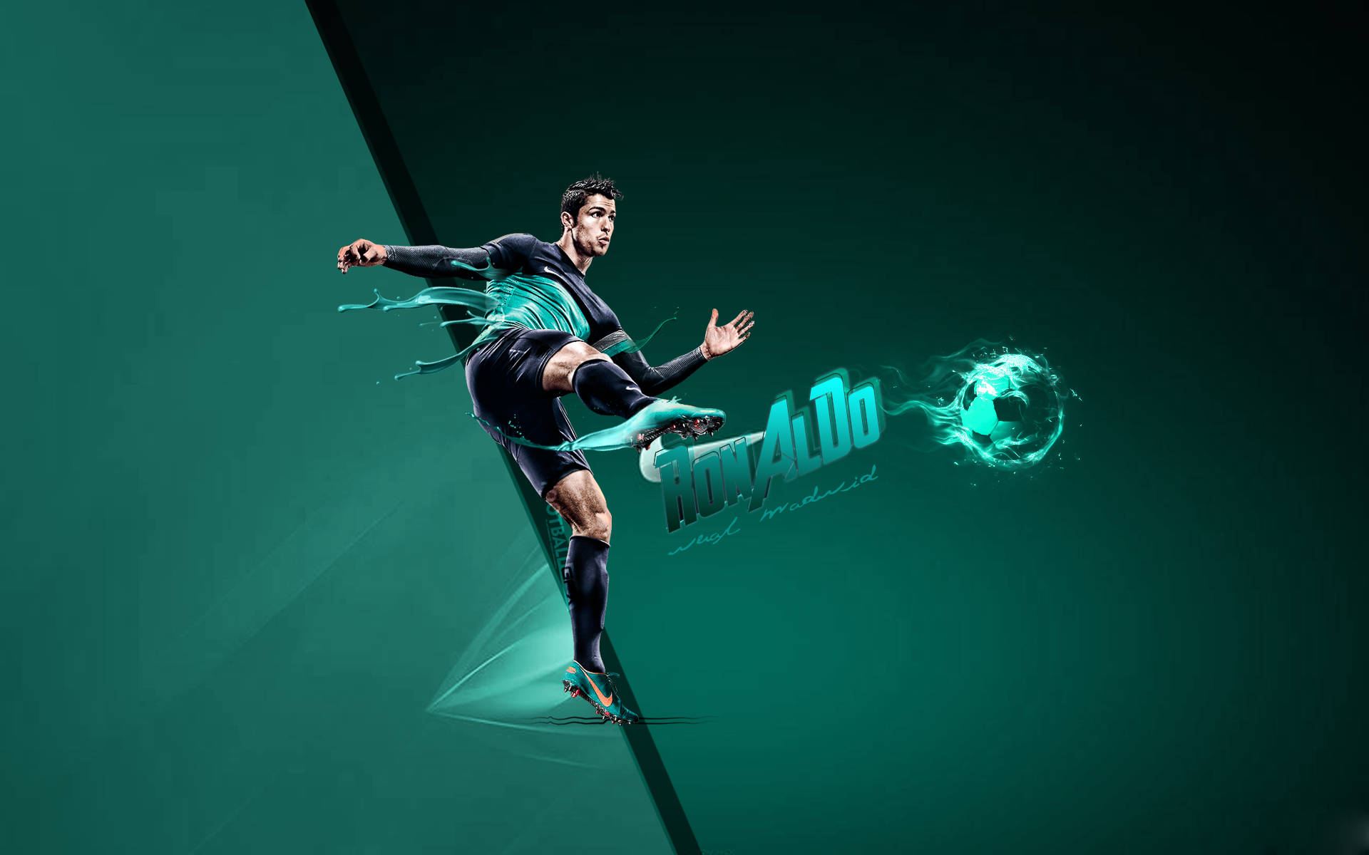 Cr7 桌布 壁紙 — 足球明星羅納度在深綠色漸變背景上，以發光的青綠色能量軌跡進行中踢動作。