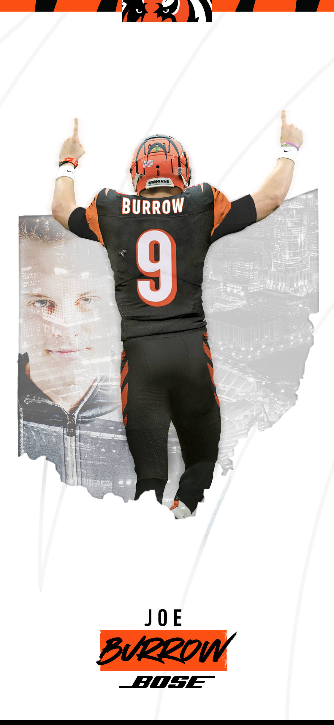 Bengals 桌布 壁紙 — 足球運動員喬·伯羅身穿孟加拉虎隊球衣，在風格化的城市景觀背景下舉臂慶祝。