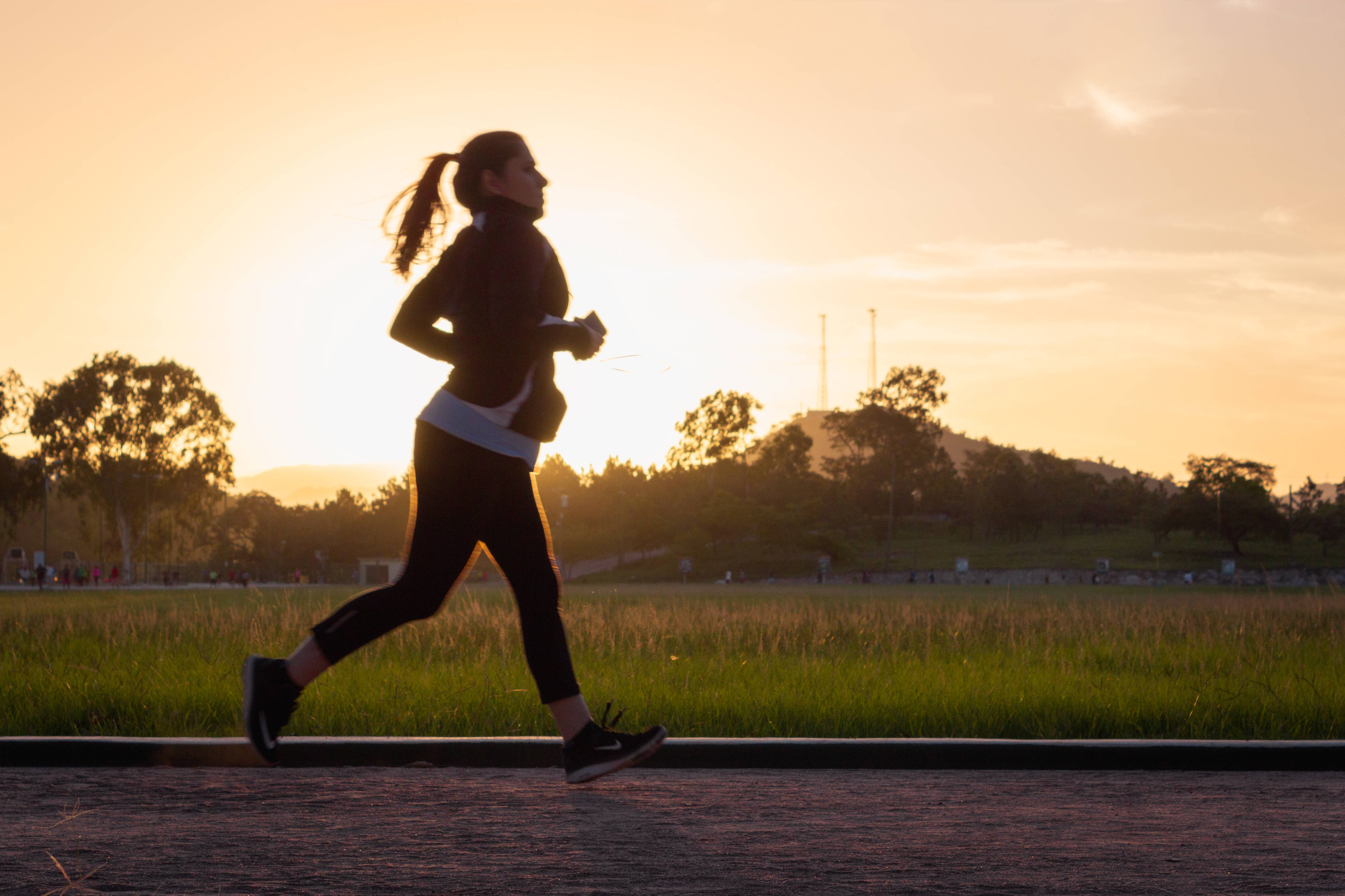 Fitness 桌布 壁紙 — 跑步者的剪影映襯著金色日落，在鋪砌的小路上穿過草地，遠處有樹木和山丘。