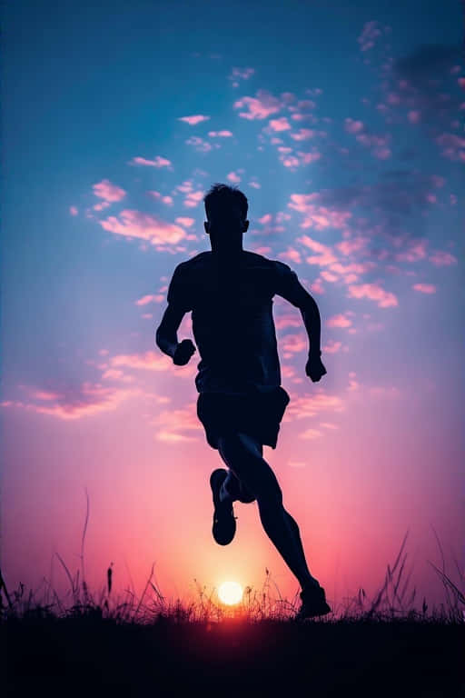 Sunset Runner Silhouette 壁紙 — 跑者的剪影在充滿粉紅色和藍色雲彩的 vibrant 日落天空下跳躍。