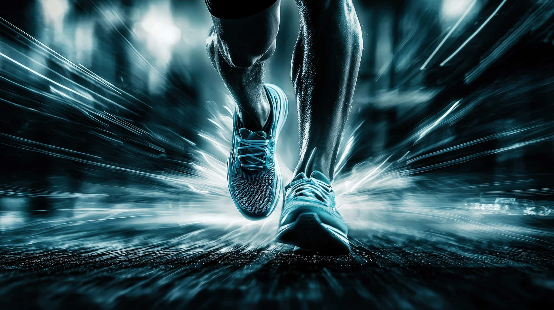 A dynamic image of a runner's legs with a futuristic blue glow and speed bursts 壁紙 — 跑者的雙腿和運動鞋在運動中模糊，映襯著條紋青綠色和黑色的城市背景。