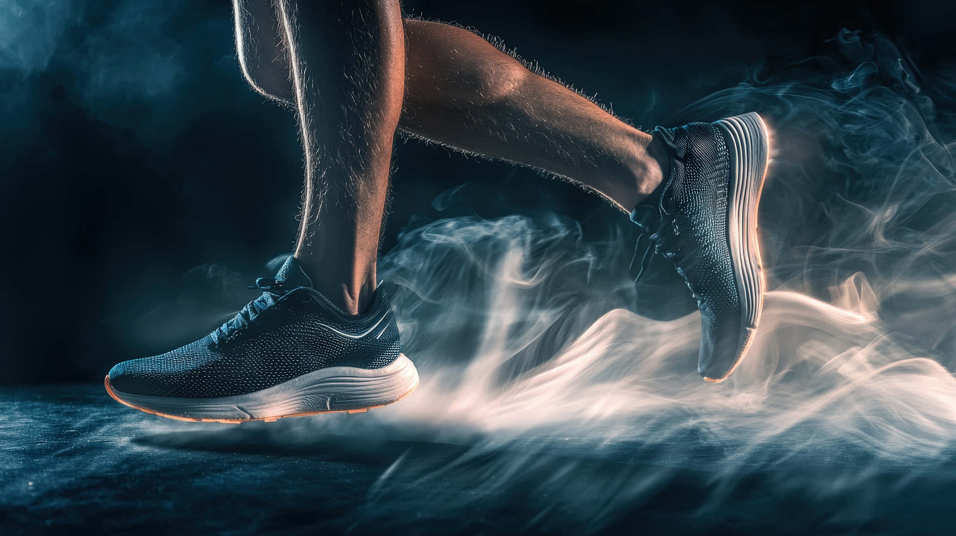A close-up of a runner's legs in motion with dynamic motion blur and glowing light streaks 壁紙 — 跑者穿著深色運動鞋的雙腿在深藍色背景下穿過旋轉的白煙。