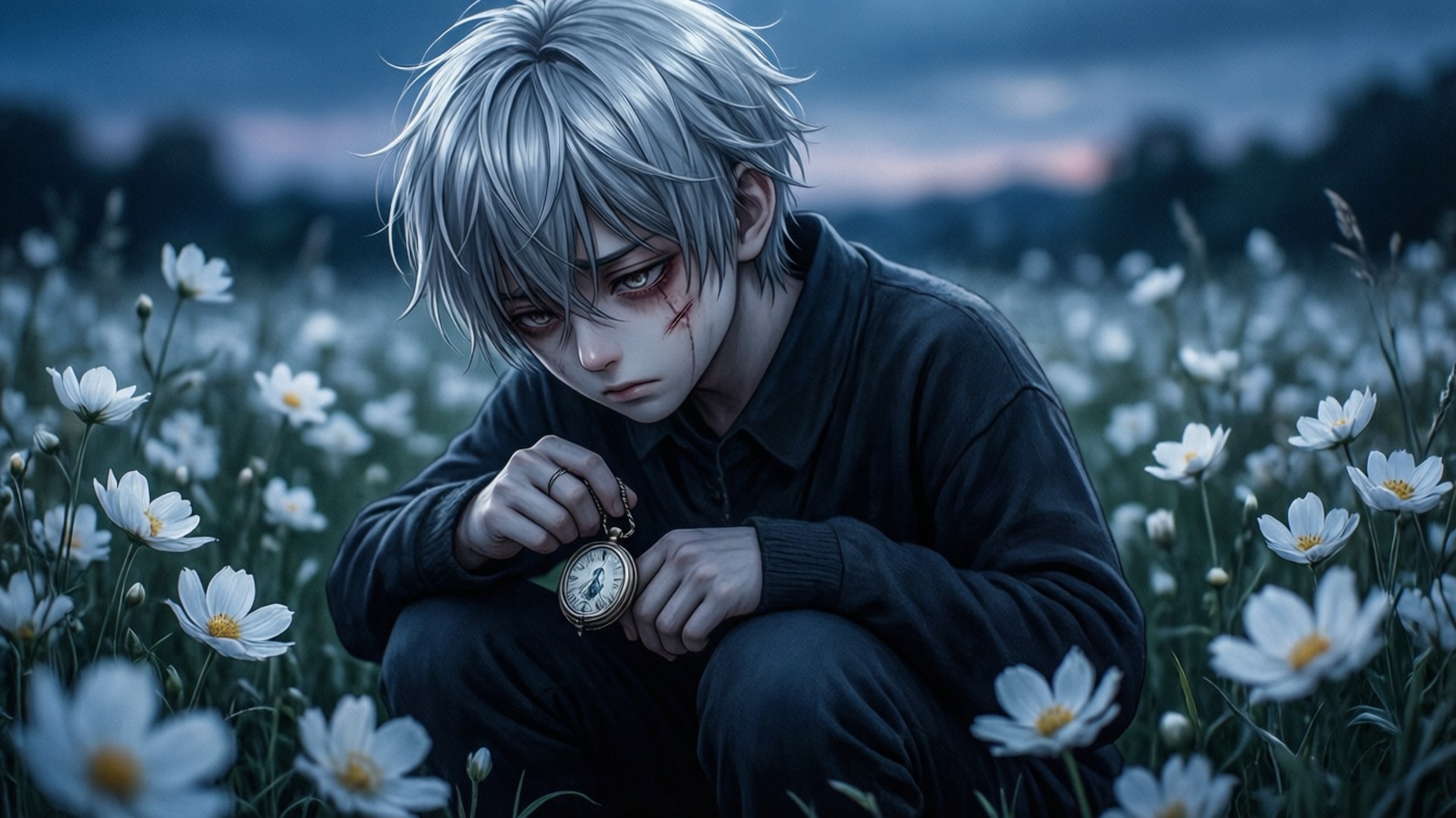 一位銀髮的悲傷動漫少年跪在白色花海中，手中握著一只懷錶。