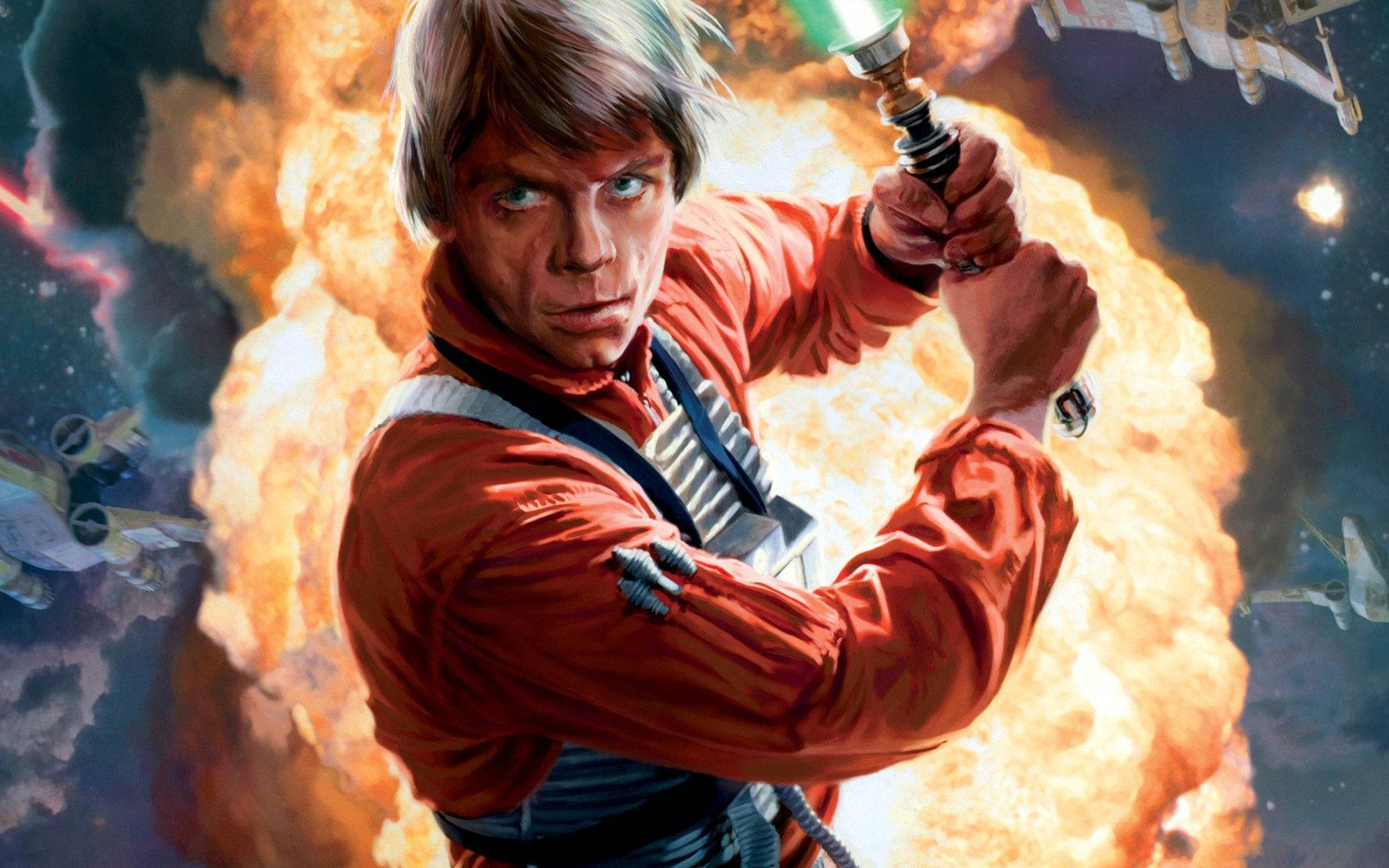 Star Wars Luke Skywalker 4K 桌布 壁紙 — 路克·天行者在一場熾熱的太空戰鬥中揮舞綠色光劍，背後有星際戰機爆炸。