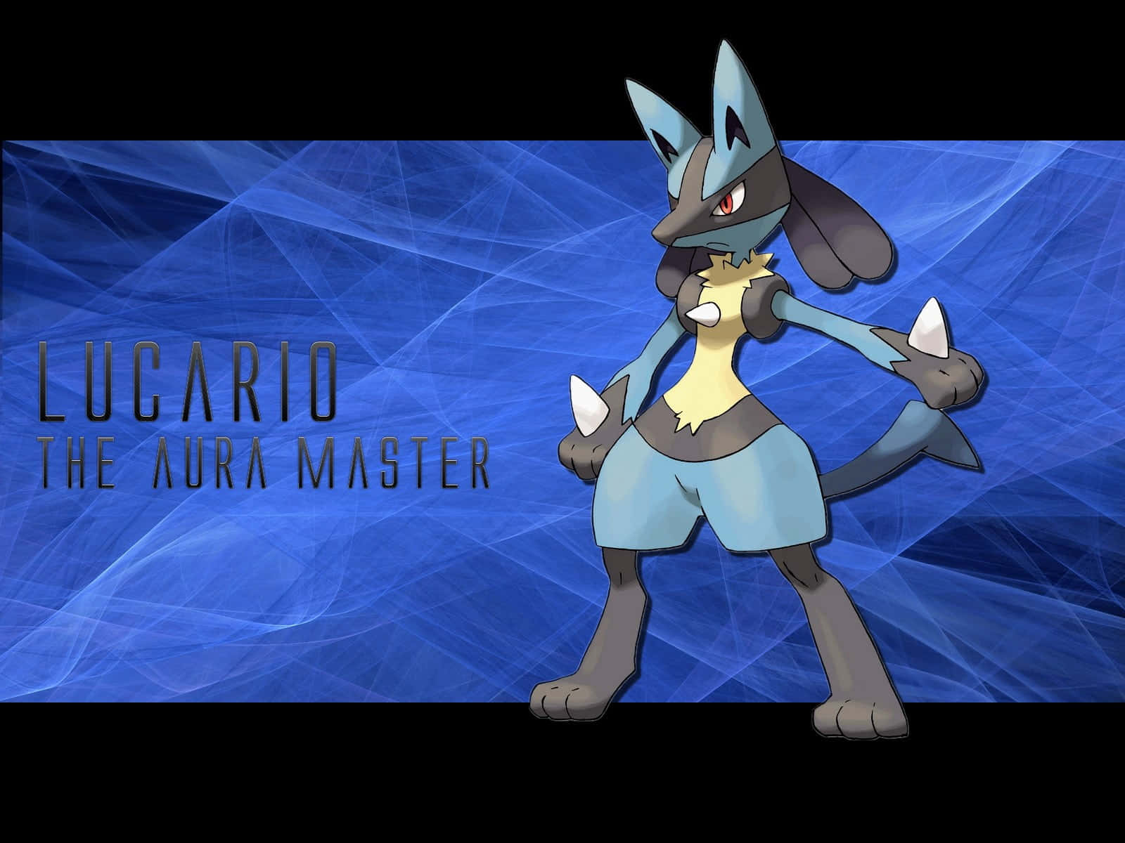 Pokemon Lucario 桌布 壁紙 — 路卡利歐動態地站在旋轉的藍色能量背景前，文字宣稱其為波導大師。