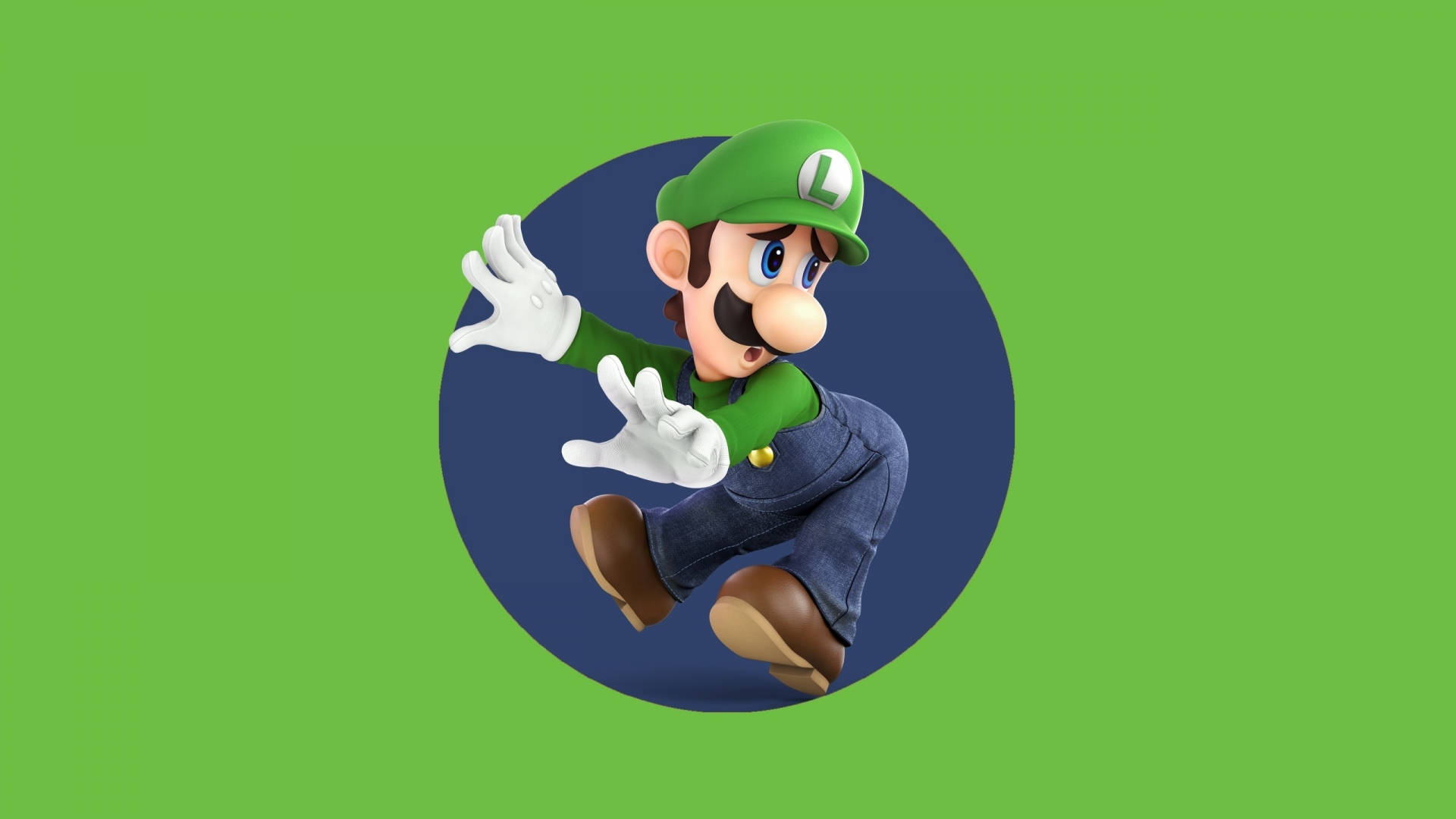 Smash Bros Ultimate 桌布 壁紙 — 路易吉在深藍色圓圈內以半空姿態，背景為亮綠色。