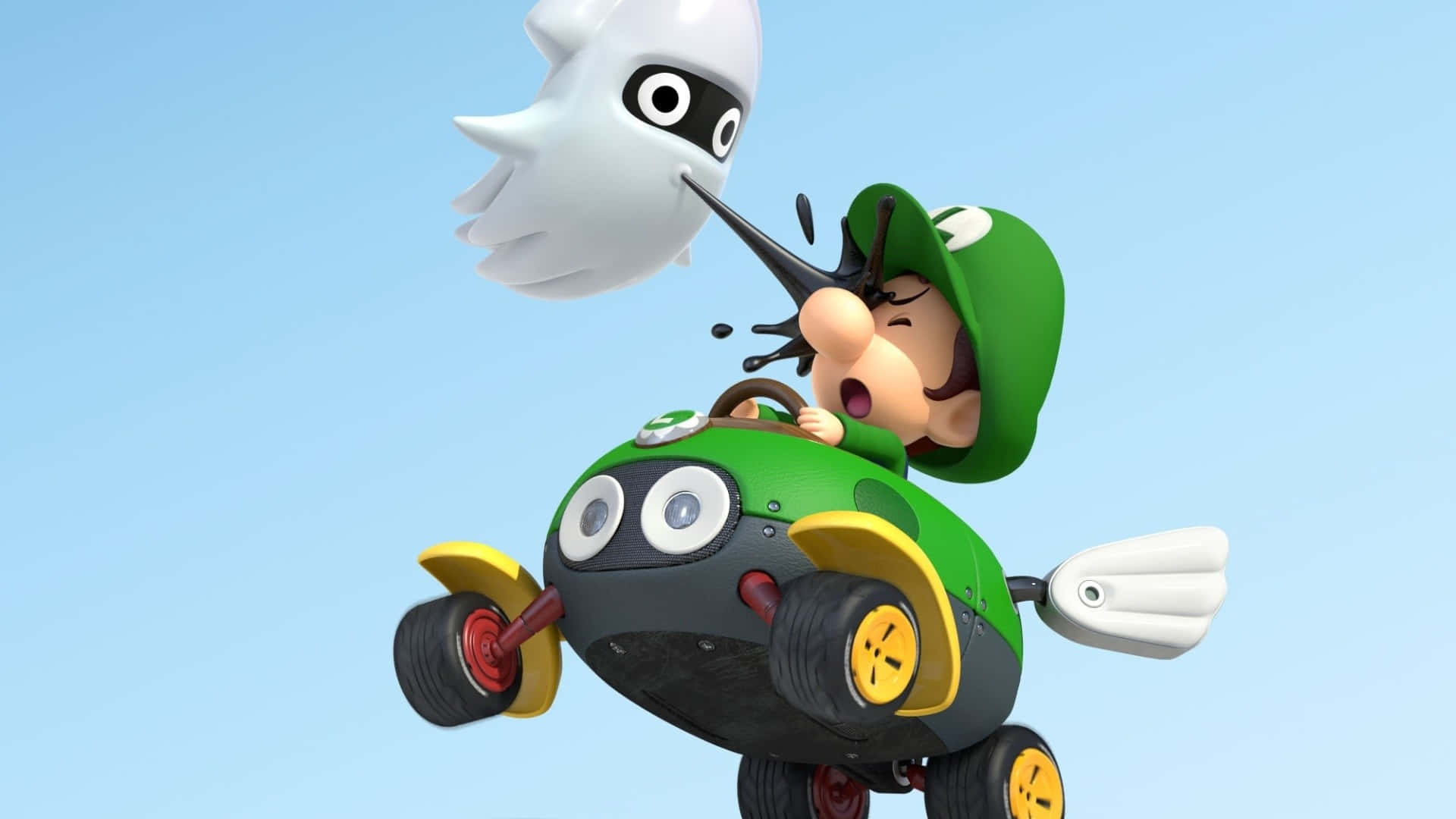 Baby Luigi 桌布 壁紙 — 路易吉驚訝地尖叫，一隻黑眼白鬼魂在晴朗的藍天下威脅性地懸浮在他的綠色賽車卡丁車上方。