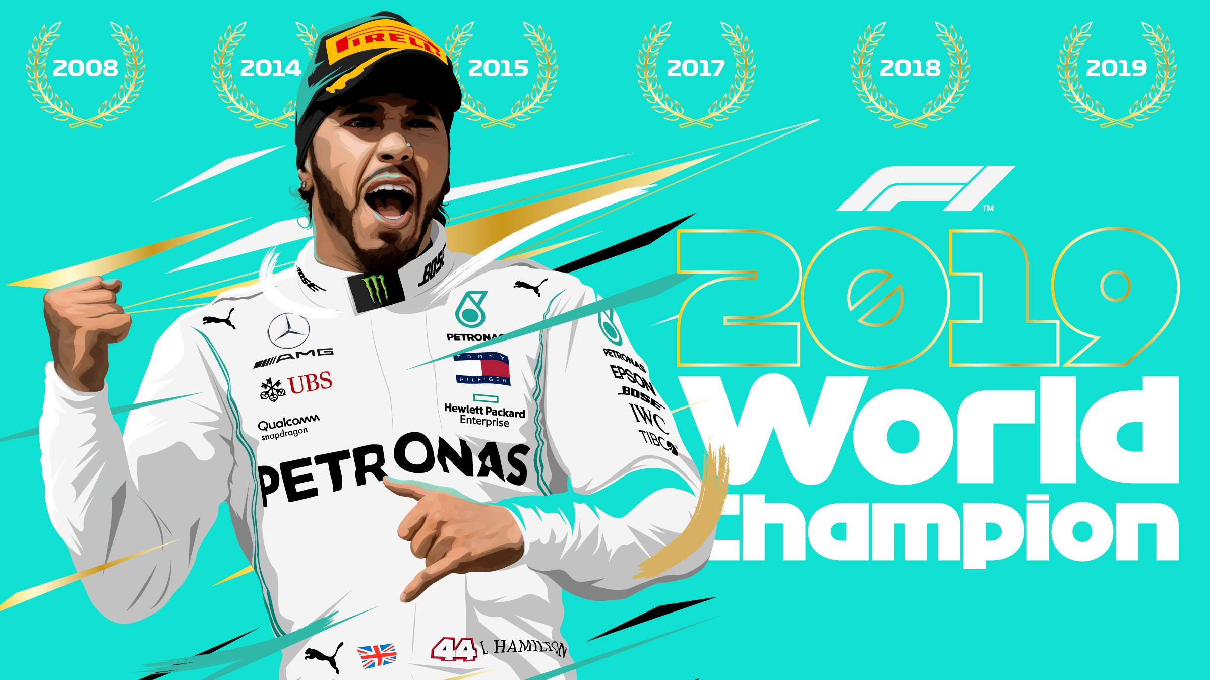 Champion 桌布 壁紙 — 路易斯·漢米爾頓以2019年F1世界冠軍的身份慶祝，採用充滿活力的藍綠色圖形，配有冠軍桂冠和動態運動線條。