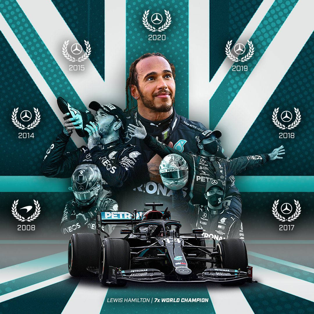Mercedes 桌布 壁紙 — 路易斯·漢米爾頓在青綠色和白色條紋背景前，與他的賓士F1賽車和獎盃時刻慶祝他的七個世界冠軍。