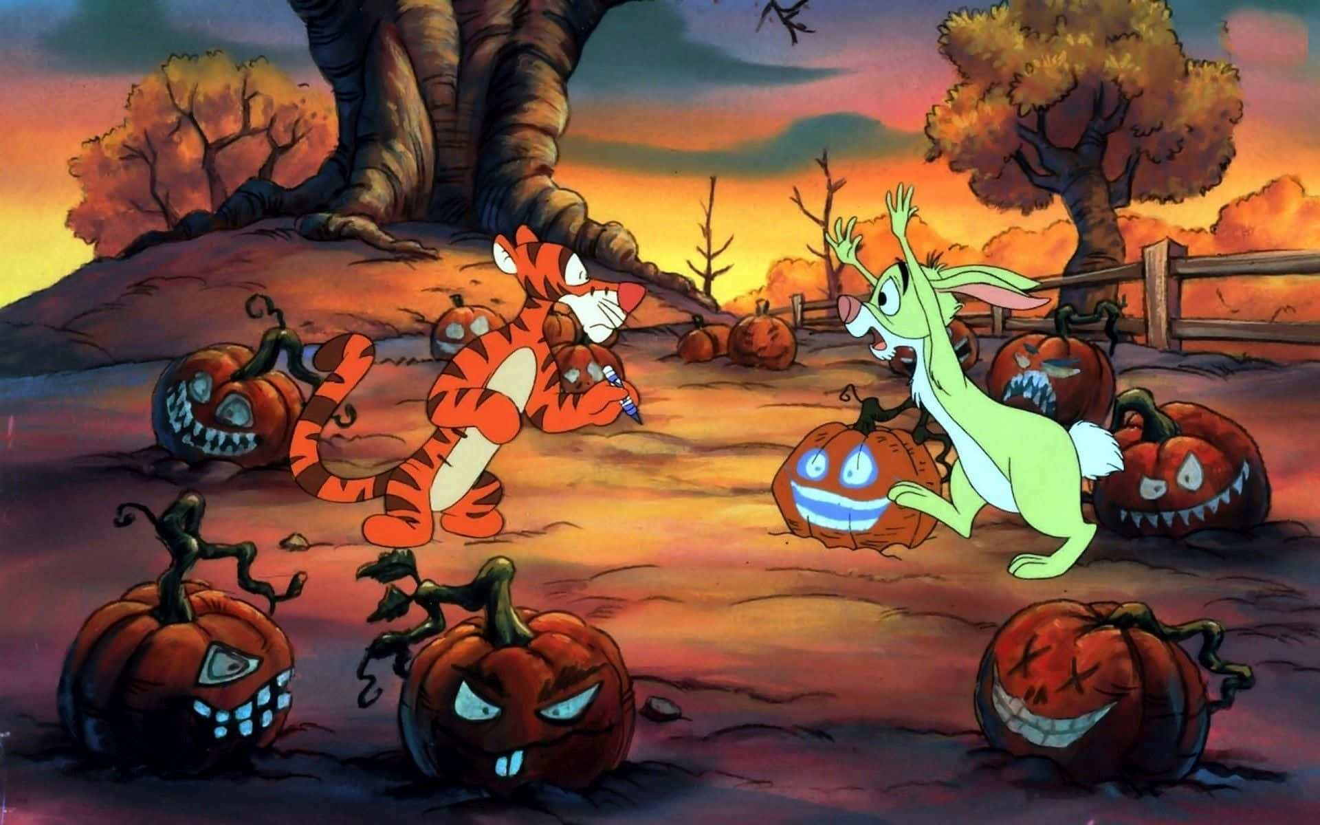 Winnie The Pooh Halloween 桌布 壁紙 — 跳跳虎和瑞比在日落時分的詭異秋林中逃離可怕的傑克南瓜燈。