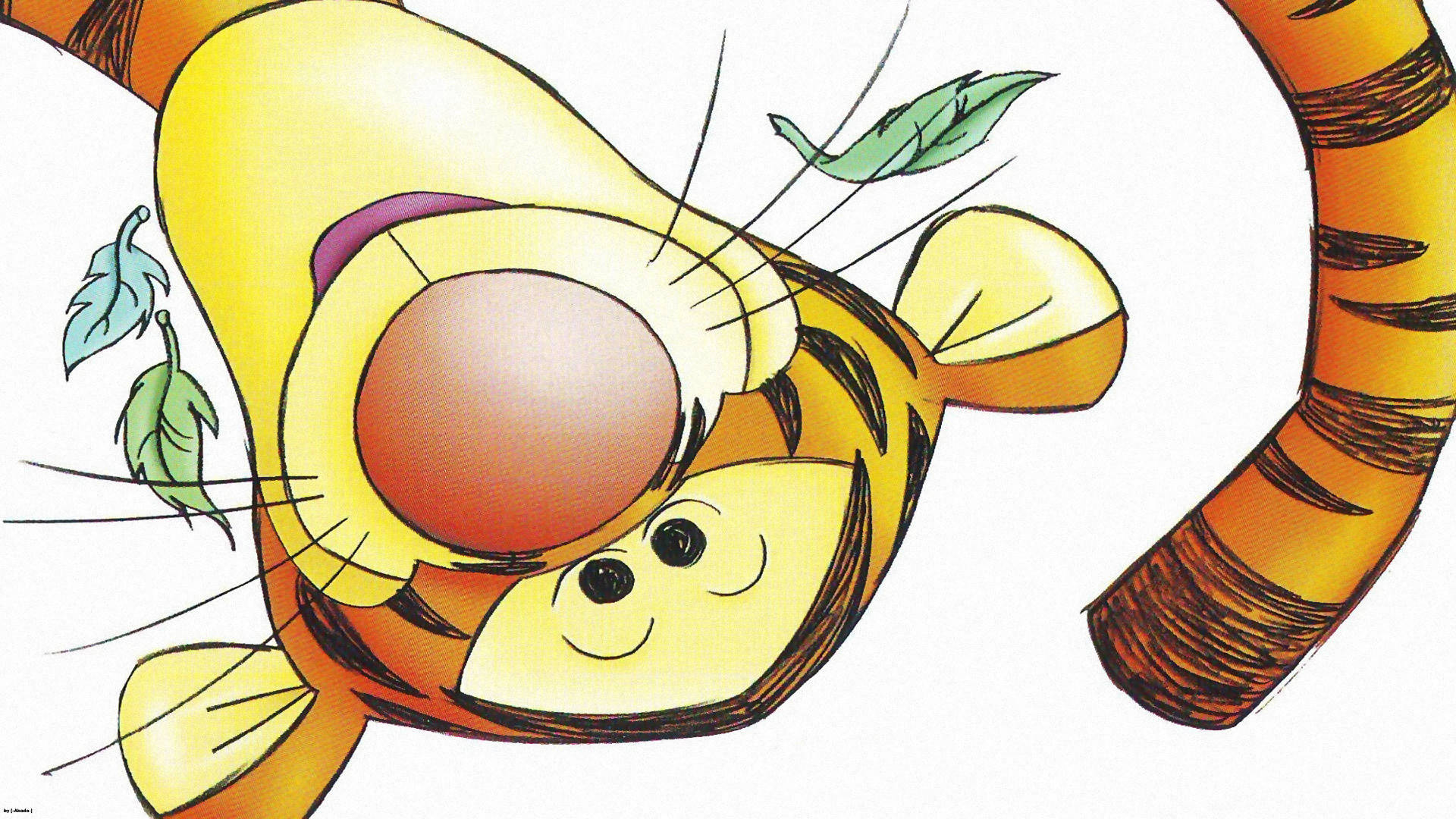 Tigger 桌布 壁紙 — 跳跳虎在純白色背景前，開心地跳來跳去，樹葉在他條紋身體周圍飄揚。