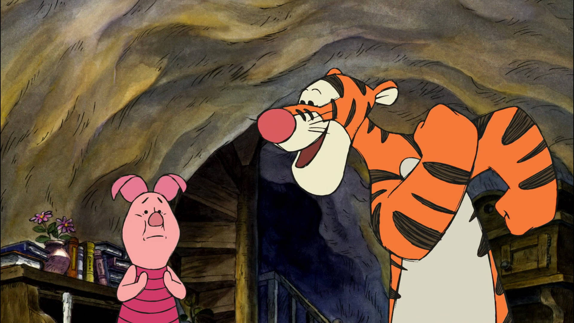 Tigger 桌布 壁紙 — 跳跳虎在舒適的洞穴中歡快地跳躍，小豬則帶著擔憂的表情看著。