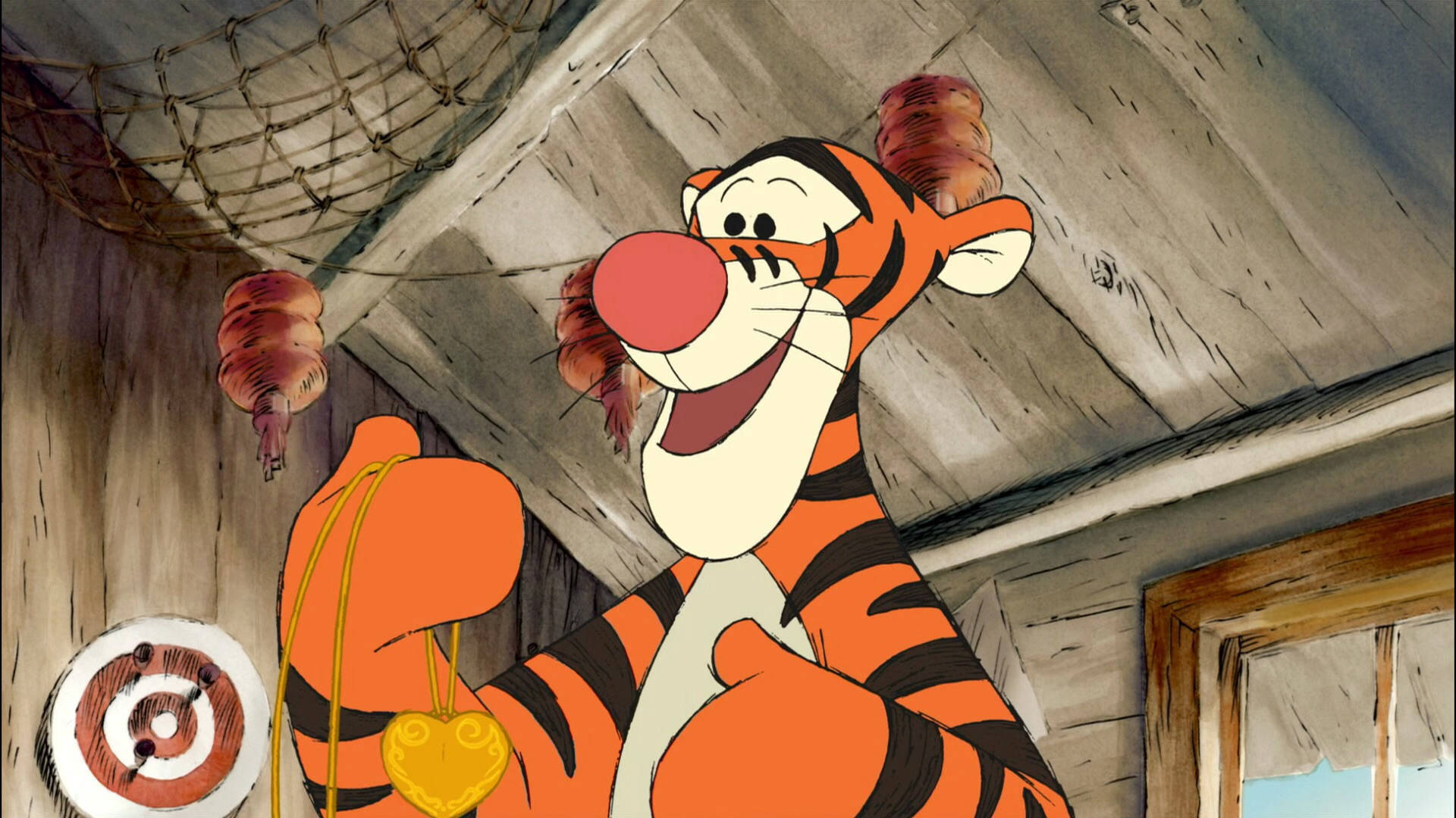Tigger 桌布 壁紙 — 跳跳虎在質樸的木屋內快樂地跳躍，手持金色心形裝飾品。