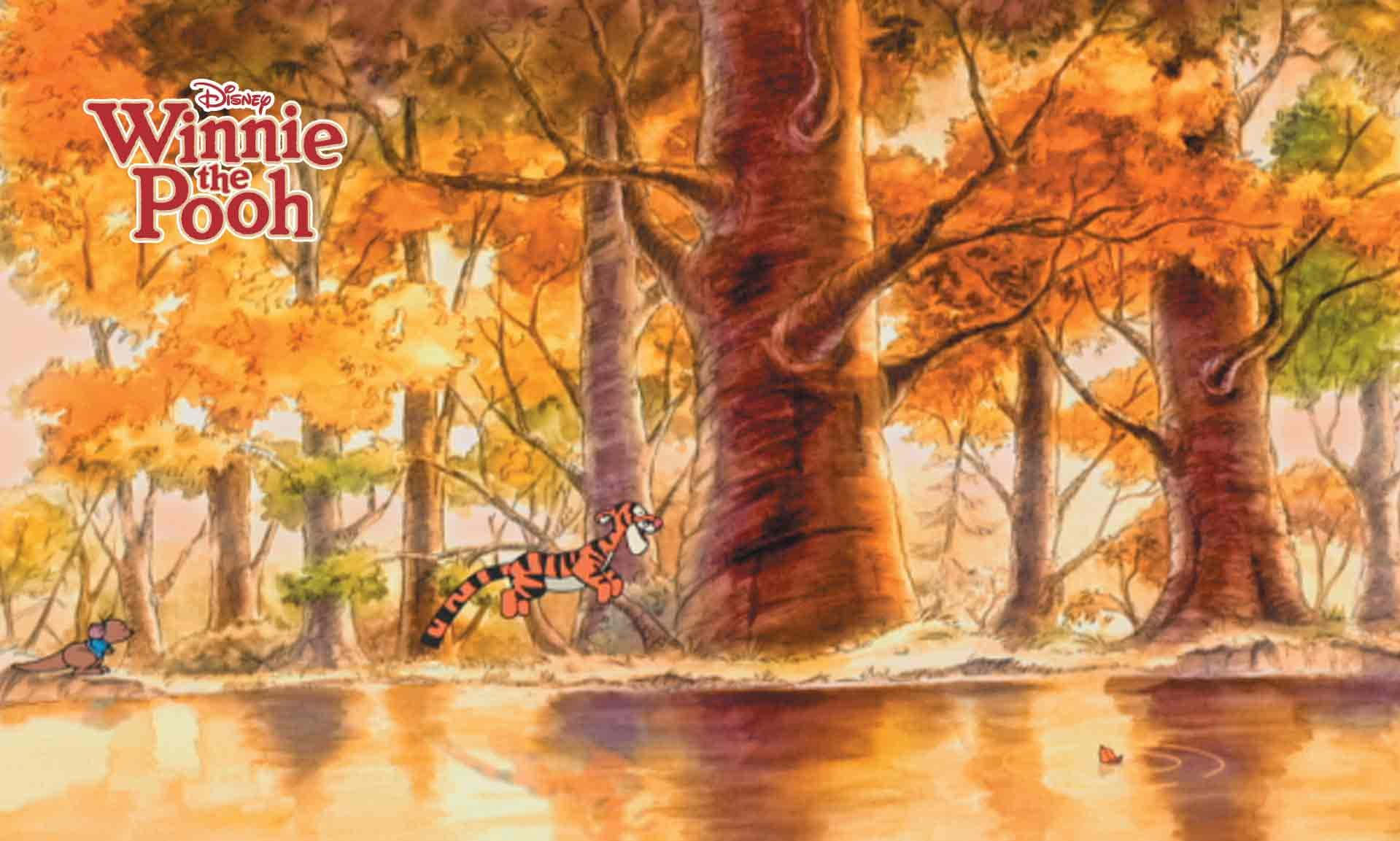 森林 桌布 壁紙 — 跳跳虎在陽光明媚的秋日森林中歡快地跳躍，他的朋友兔子從岸邊觀看。