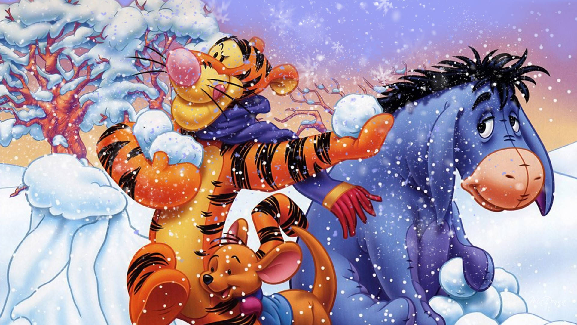 Eeyore 桌布 壁紙 — 跳跳虎開心地騎著屹耳穿過雪景，小熊維尼在冬日仙境中觀看。