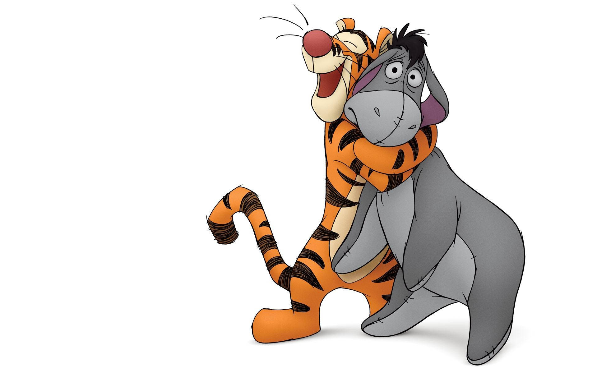 Eeyore 桌布 壁紙 — 跳跳虎高興地擁抱屹耳，咧嘴大笑，背景是純白色。