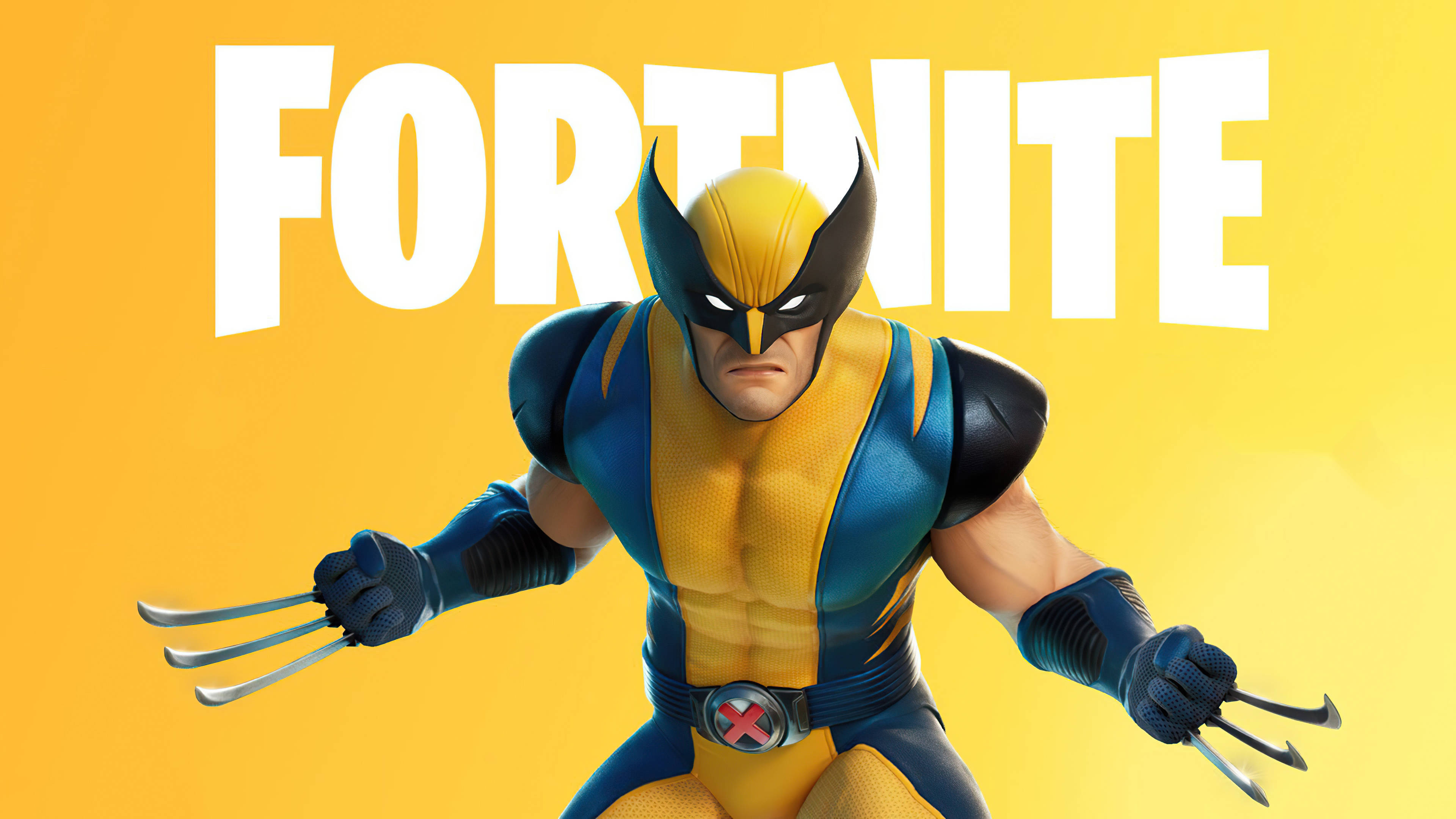 Fortnite iPad 桌布 壁紙 — 身穿 Fortnite 服裝的金鋼狼在帶有白色標誌的鮮黃色背景上伸出爪子準備就緒。
