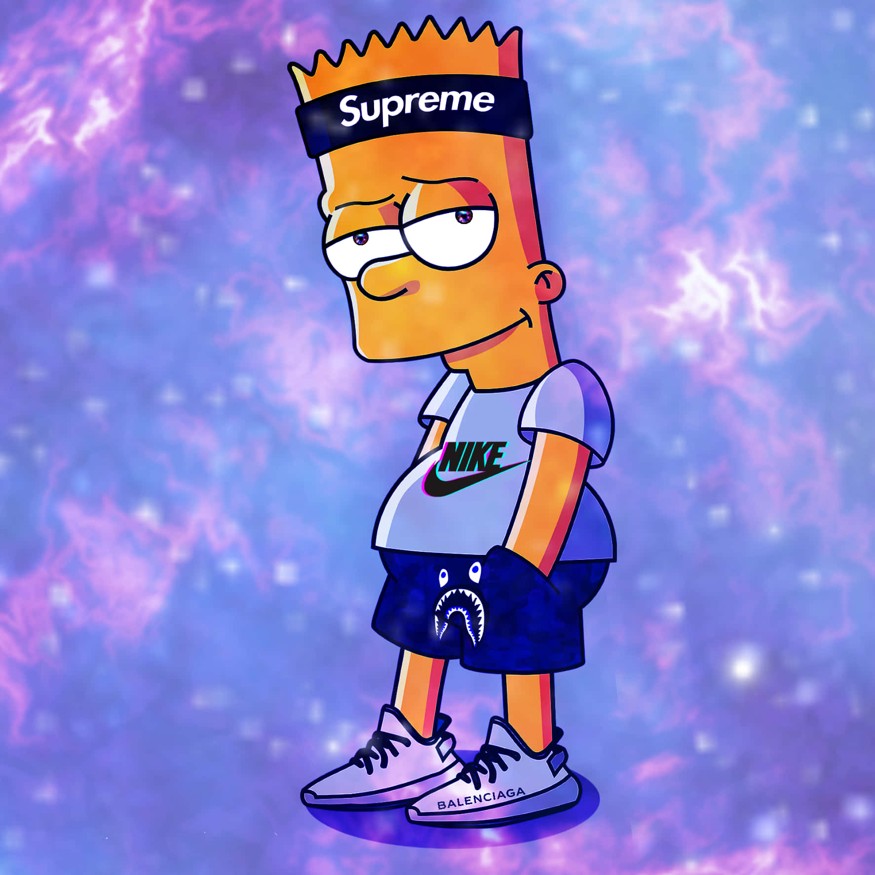桌布 壁紙 — 身穿 Supreme Nike Balenciaga 服裝的 Bart Simpson 自信地站在宇宙紫色和藍色星雲背景前。
