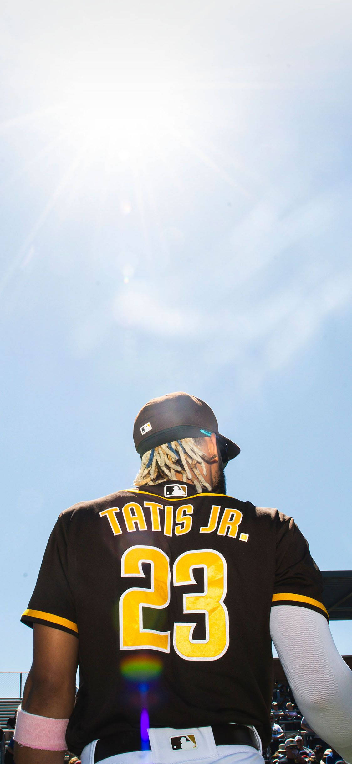 Tatis 桌布 壁紙 — 身穿23號球衣的棒球選手Tatis Jr背對鏡頭，在燦爛陽光下站在清澈藍天前。