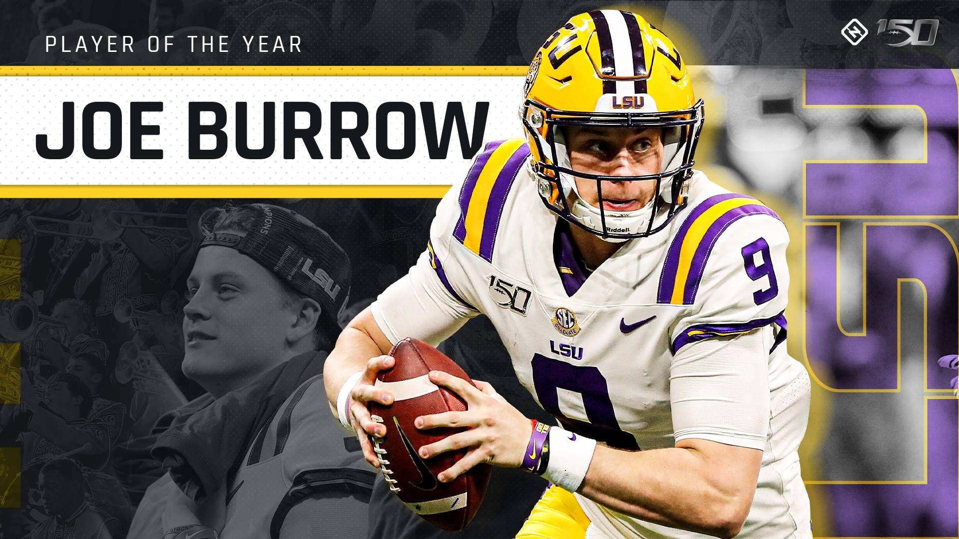 Joe Burrow 桌布 壁紙 — 身穿LSU球衣的四分衛Joe Burrow在動態圖形背景下，以強烈的專注力抓住正在投擲中的橄欖球。