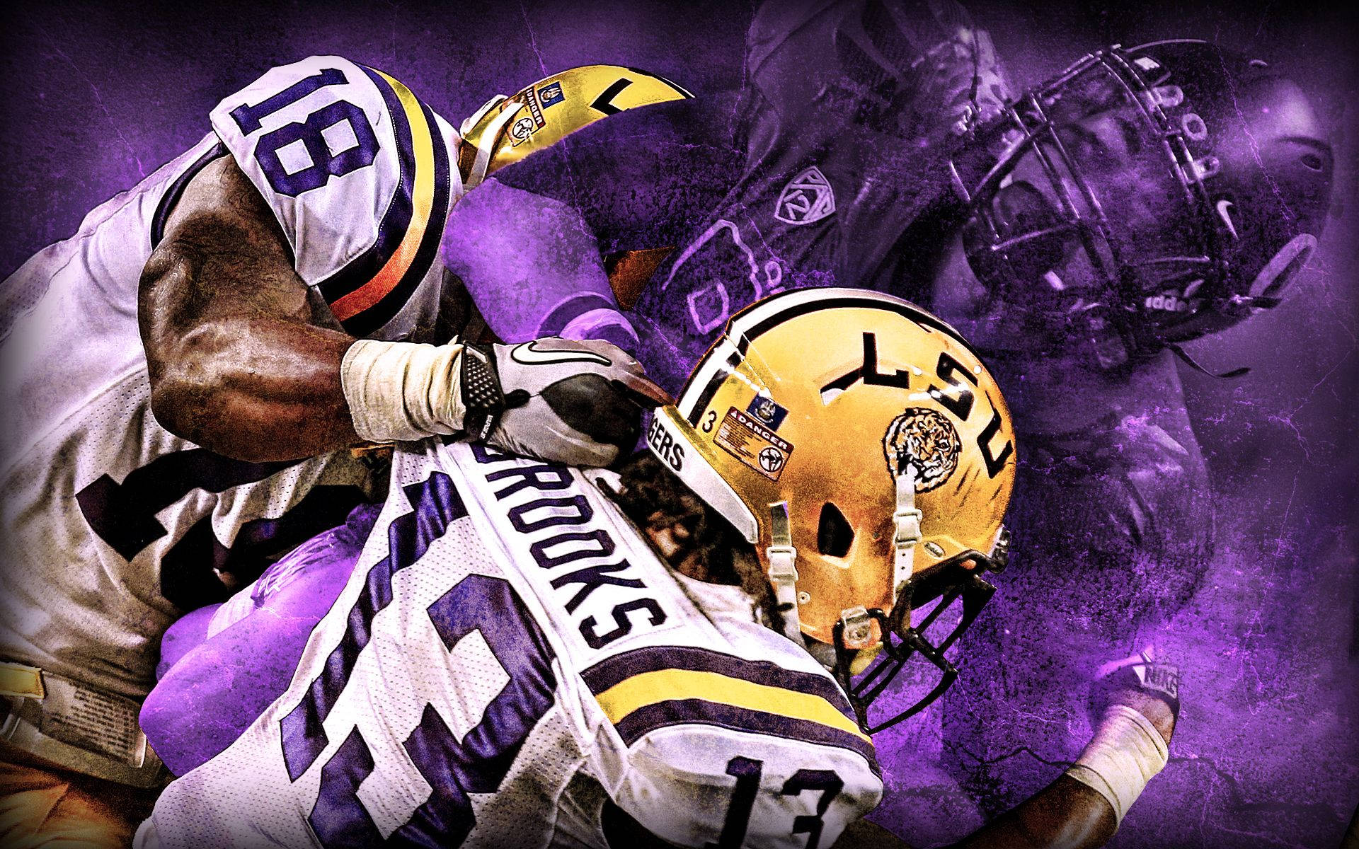 Lsu 桌布 壁紙 — 身穿LSU裝備的動態足球運動員在充滿活力的紫色背景下進行高衝擊力的擒抱碰撞。