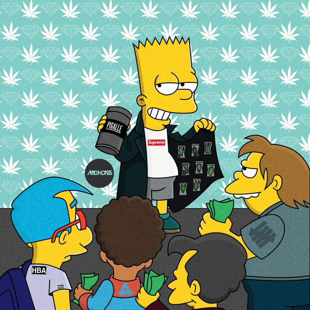 Dope Simpsons 桌布 壁紙 — 身穿Supreme外套的巴特·辛普森手持PIGALLE杯子和外套，被提供現金的粉絲包圍，背景為青綠色，帶有重複的大麻和鑽石圖案。