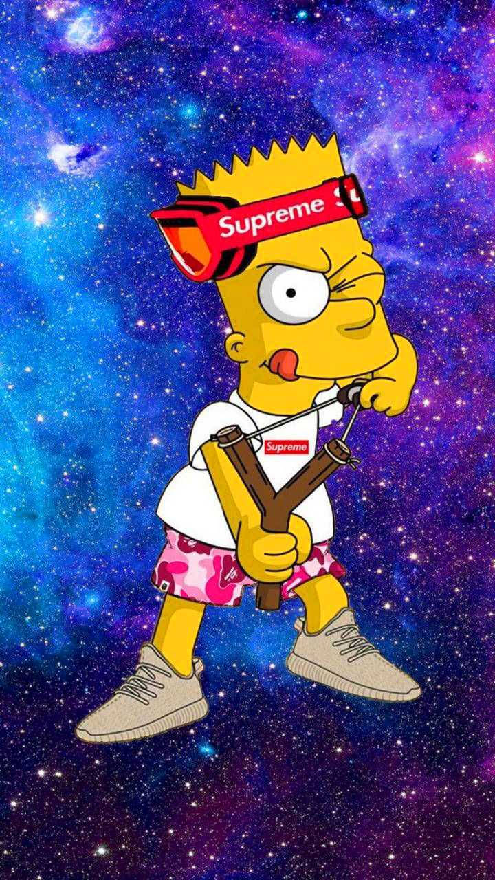 霸子·辛普森 桌布 壁紙 — 身穿Supreme裝備的巴特·辛普森拿著彈弓，背景是充滿活力的宇宙星系。