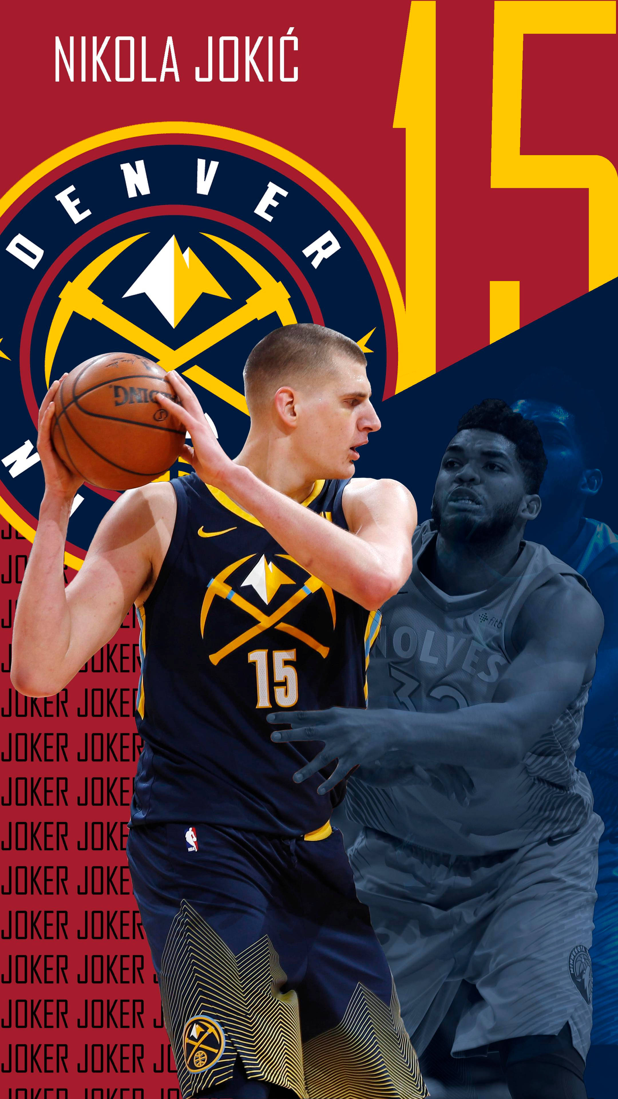 Jokic 桌布 壁紙 — 身穿丹佛金塊球衣的尼古拉·約基奇正在運球，背景有模糊的對手。