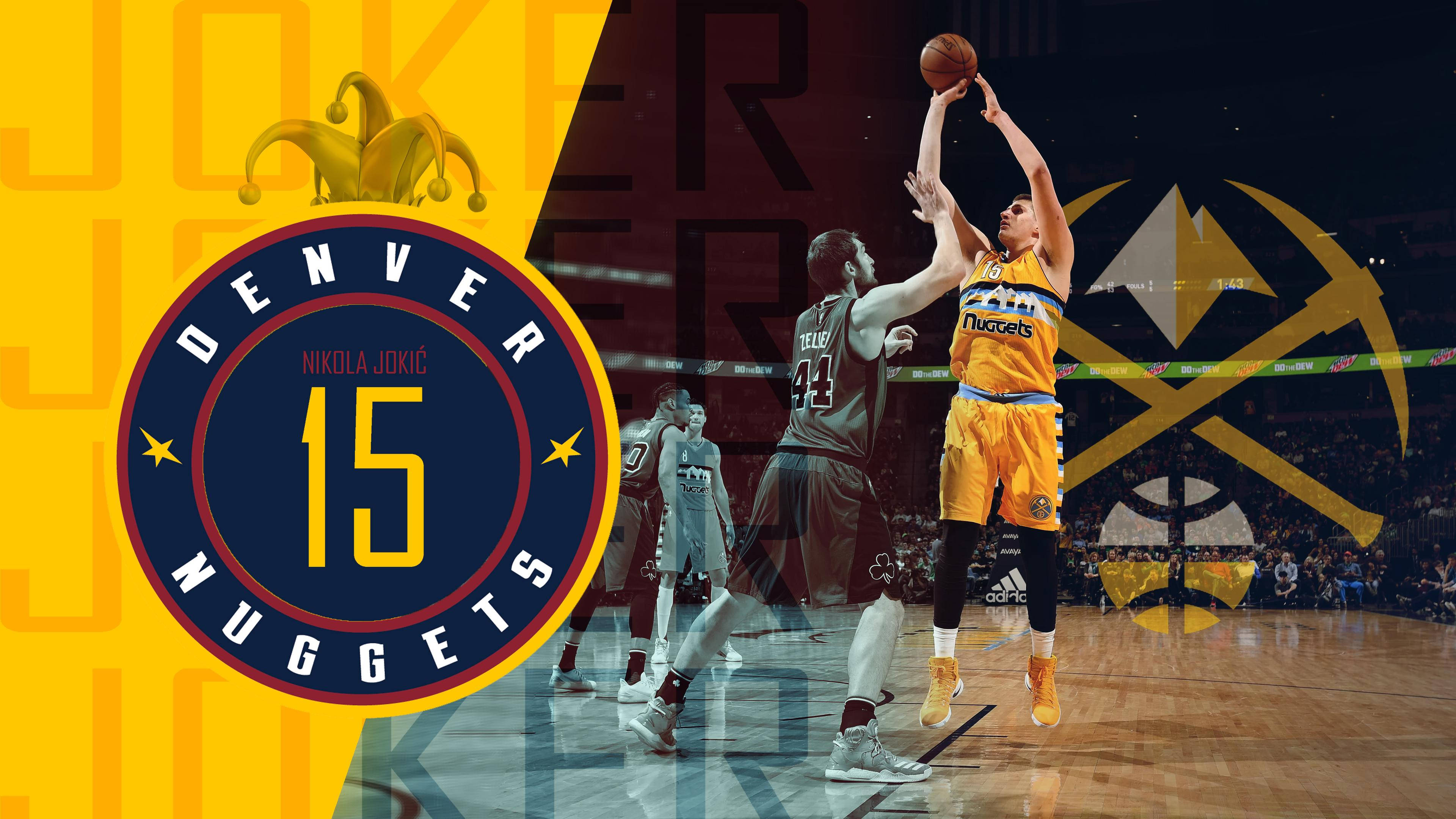 Jokic 桌布 壁紙 — 身穿丹佛金塊球衣的尼古拉·約基奇在比賽中投籃，帶有小丑標誌覆蓋層。