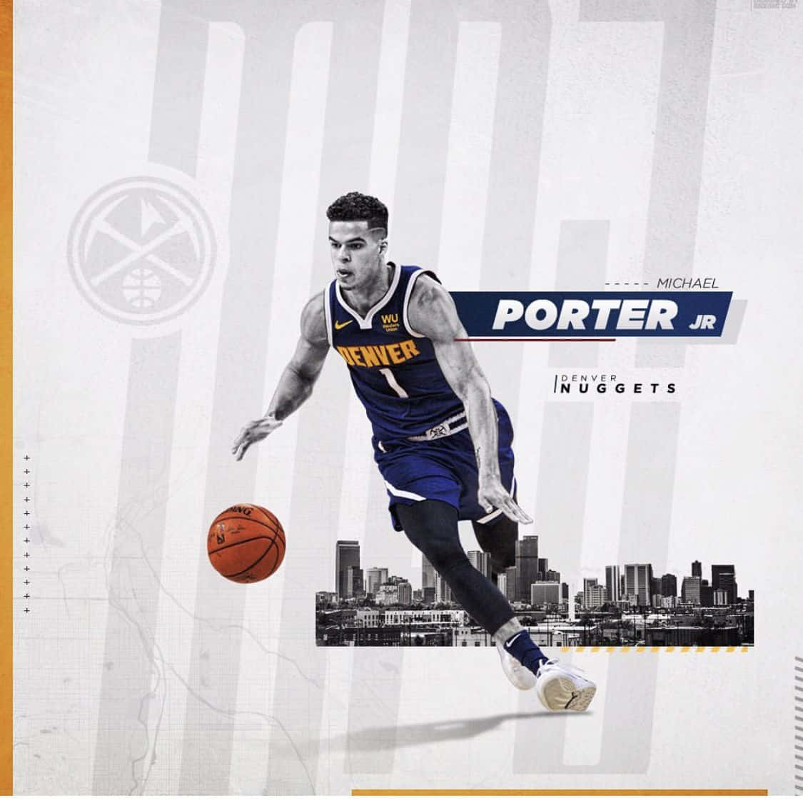 Michael Porter Jr.身穿丹佛金塊隊球衣，在城市天際線背景下運球。 — NBA 壁紙