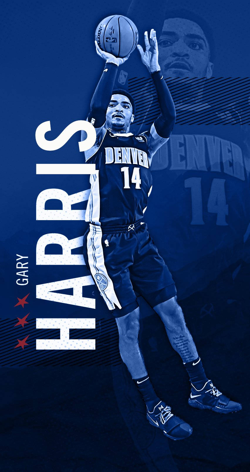 gary harris 桌布 壁紙 — 身穿丹佛金塊隊球衣的蓋瑞·哈里斯跳起投籃，背景為藍色圖形設計，並附有他的名字和號碼。