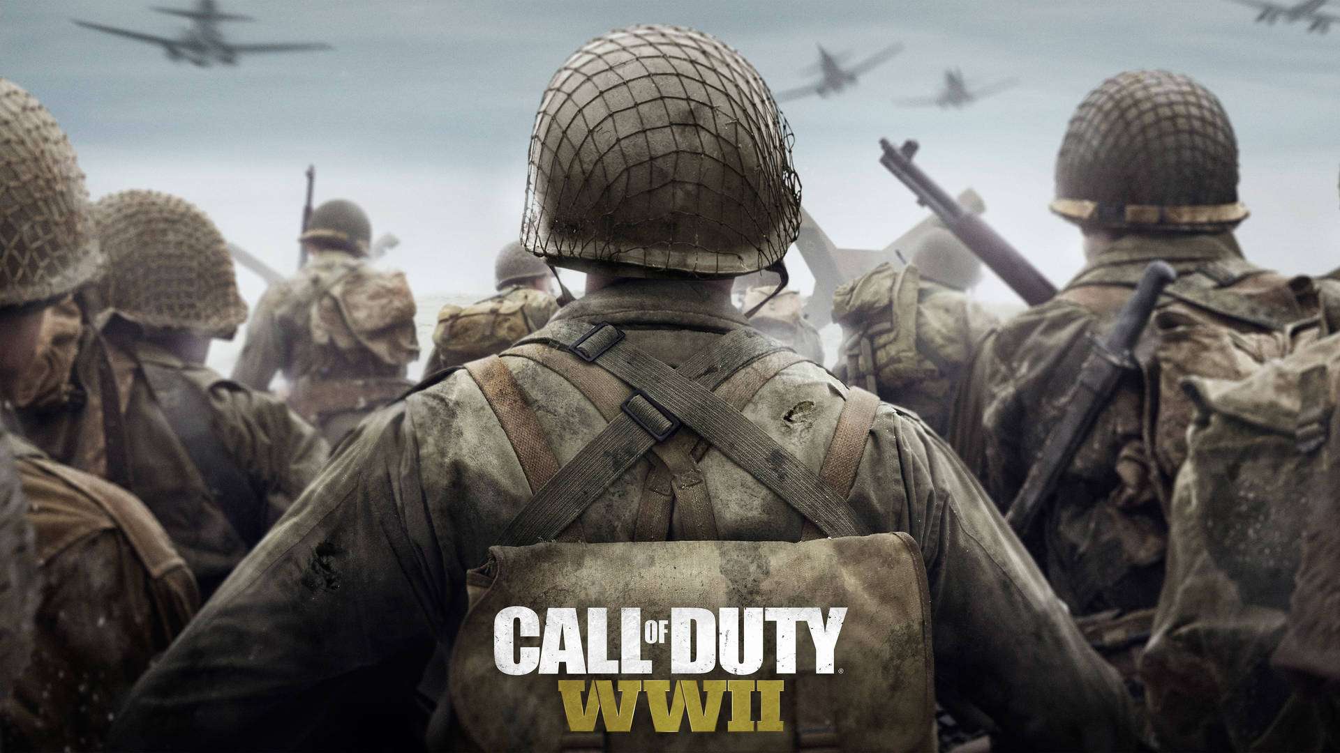 Ww2 桌布 壁紙 — 身穿二戰裝備的士兵列隊，戰鬥機在頭頂飛過，呈現 gritty 的戰爭場景。
