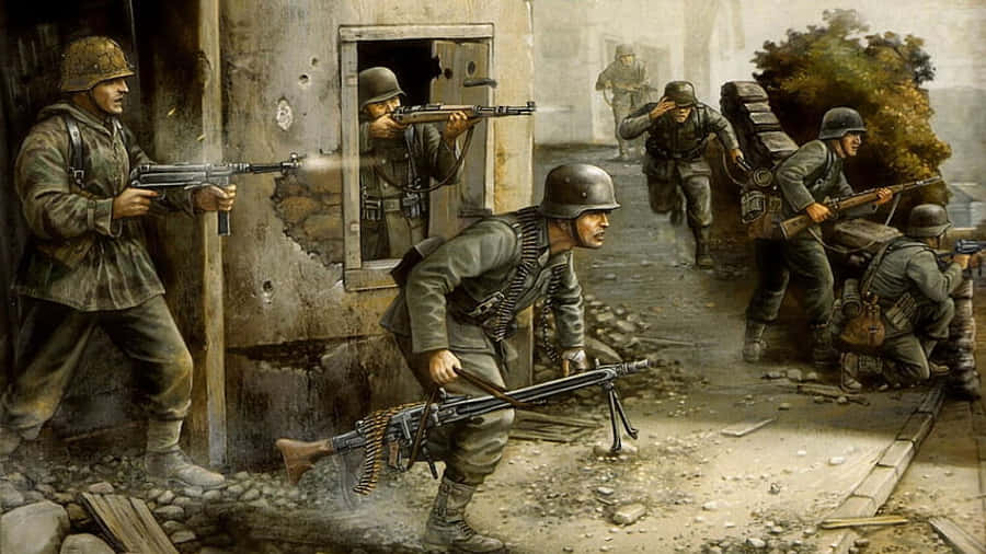 soldier 桌布 壁紙 — 身穿二戰裝備的士兵在煙霧和瓦礫中穿過破碎的城市街道前進。