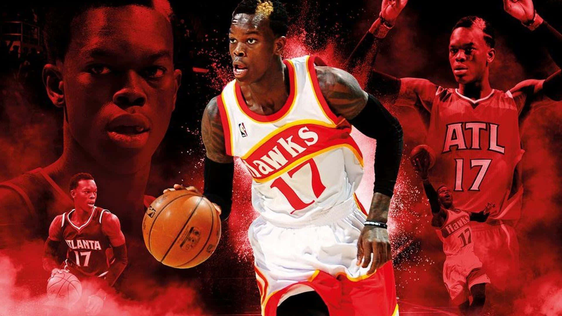 NBA 2k 桌布 壁紙 — 身穿亞特蘭大老鷹隊球衣的動感籃球運動員在紅色煙霧中運球，身後重疊多個動作姿勢。