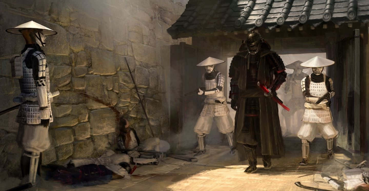 Feudal Japan 桌布 壁紙 — 身穿傳統盔甲的武士在石牆庭院中站崗，腳下有一個倒下的身影。