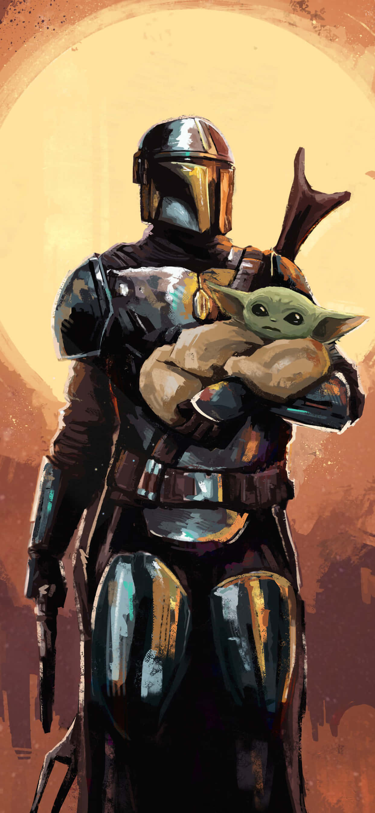 Baby Yoda Phone 桌布 壁紙 — 身穿全套盔甲的曼達洛人在溫暖閃耀的日落背景下抱著古古。