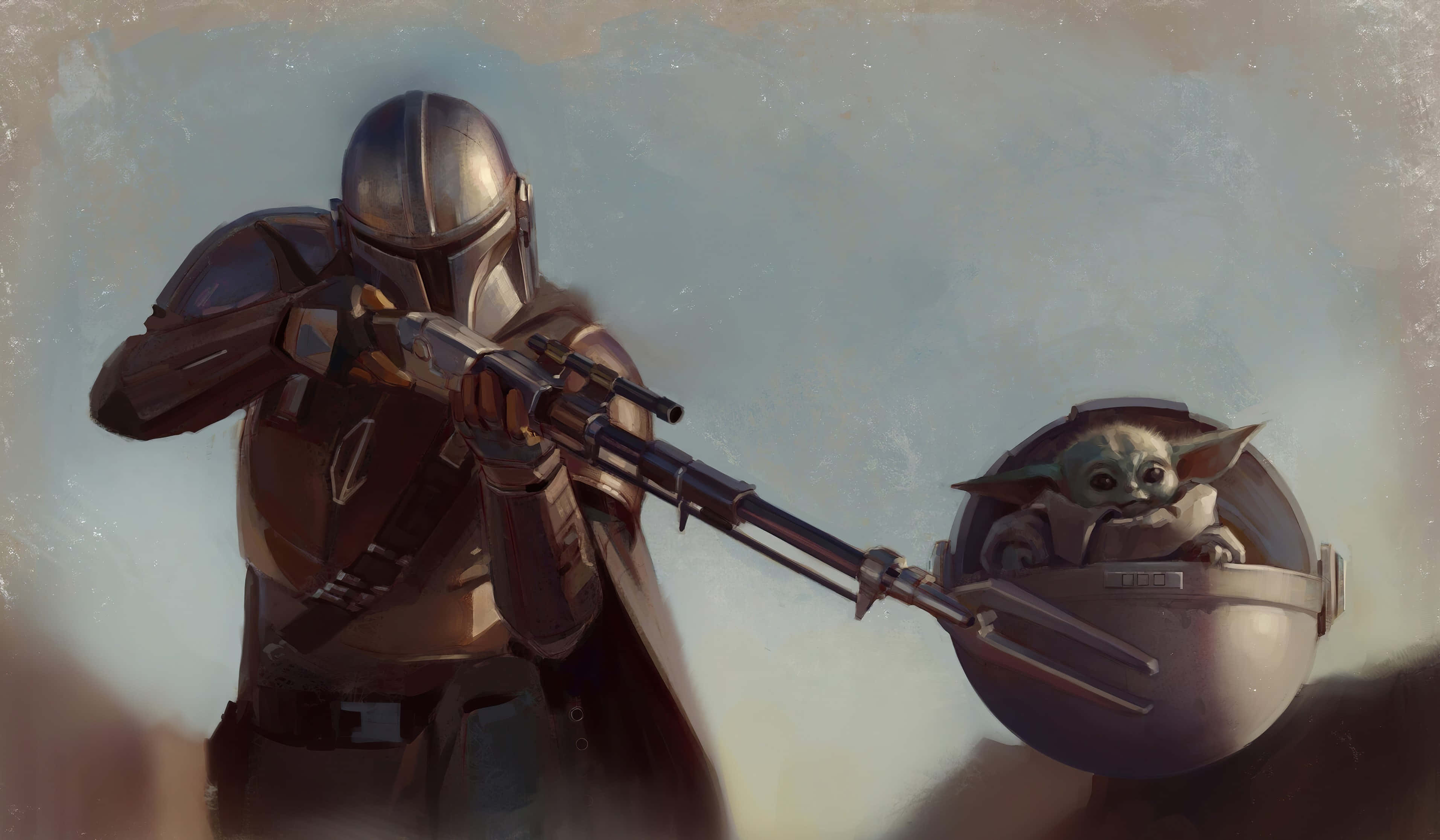 Mandalorian Yoda 桌布 壁紙 — 身穿全套盔甲的曼達洛人正用爆能槍瞄準，而尤達寶寶則好奇地從他的懸浮載具中探頭窺視。