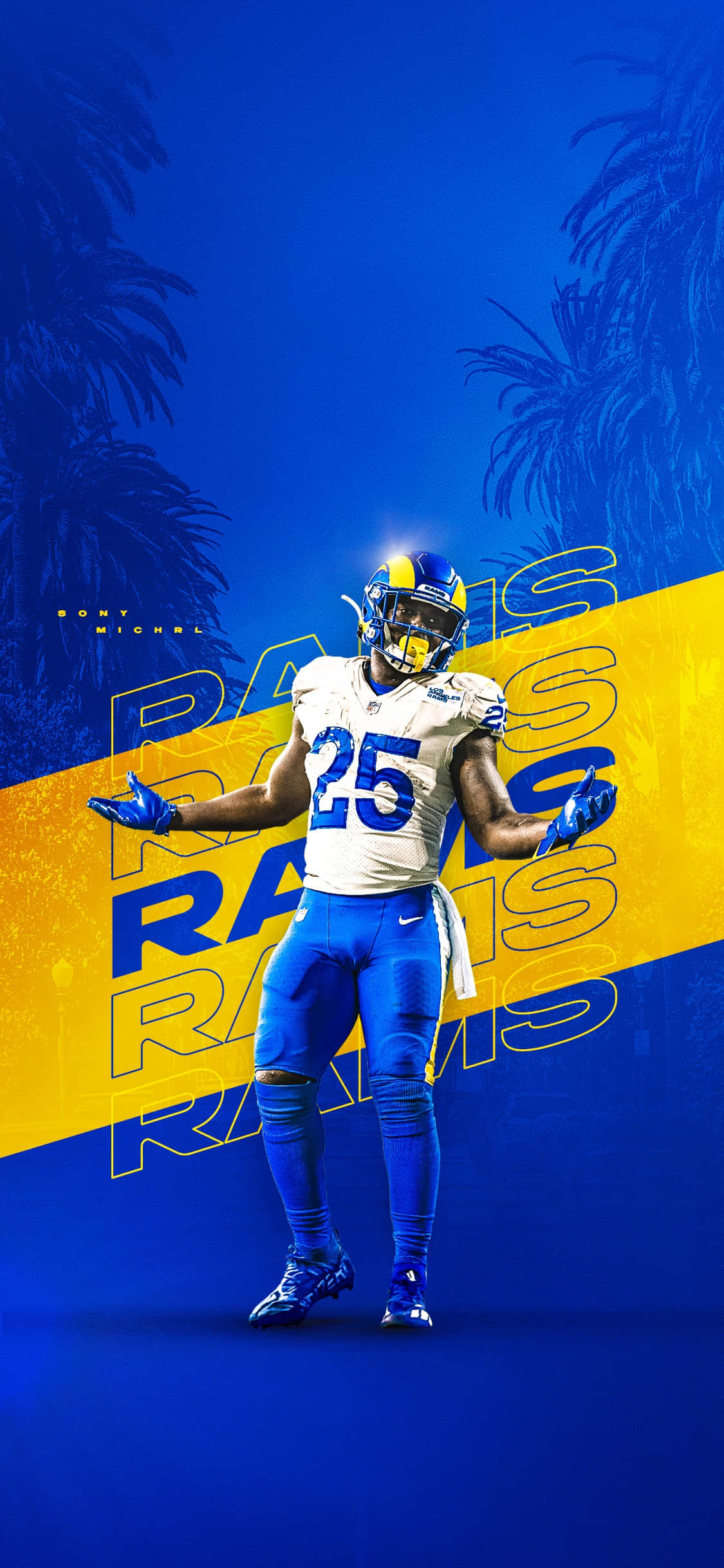 Cool Rams 桌布 壁紙 — 身穿公羊隊裝備的足球運動員 Sony Michel 在帶有棕櫚樹剪影的大膽藍黃色背景下自信地站立。
