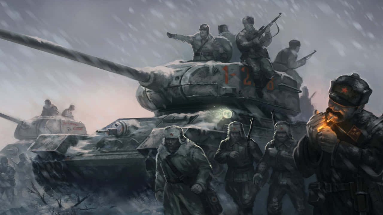 720p Company Of Heroes 2 桌布 壁紙 — 身穿冬季裝備的士兵在灰濛濛的天空下，伴隨著被雪覆蓋的坦克，在飄雪中前進。