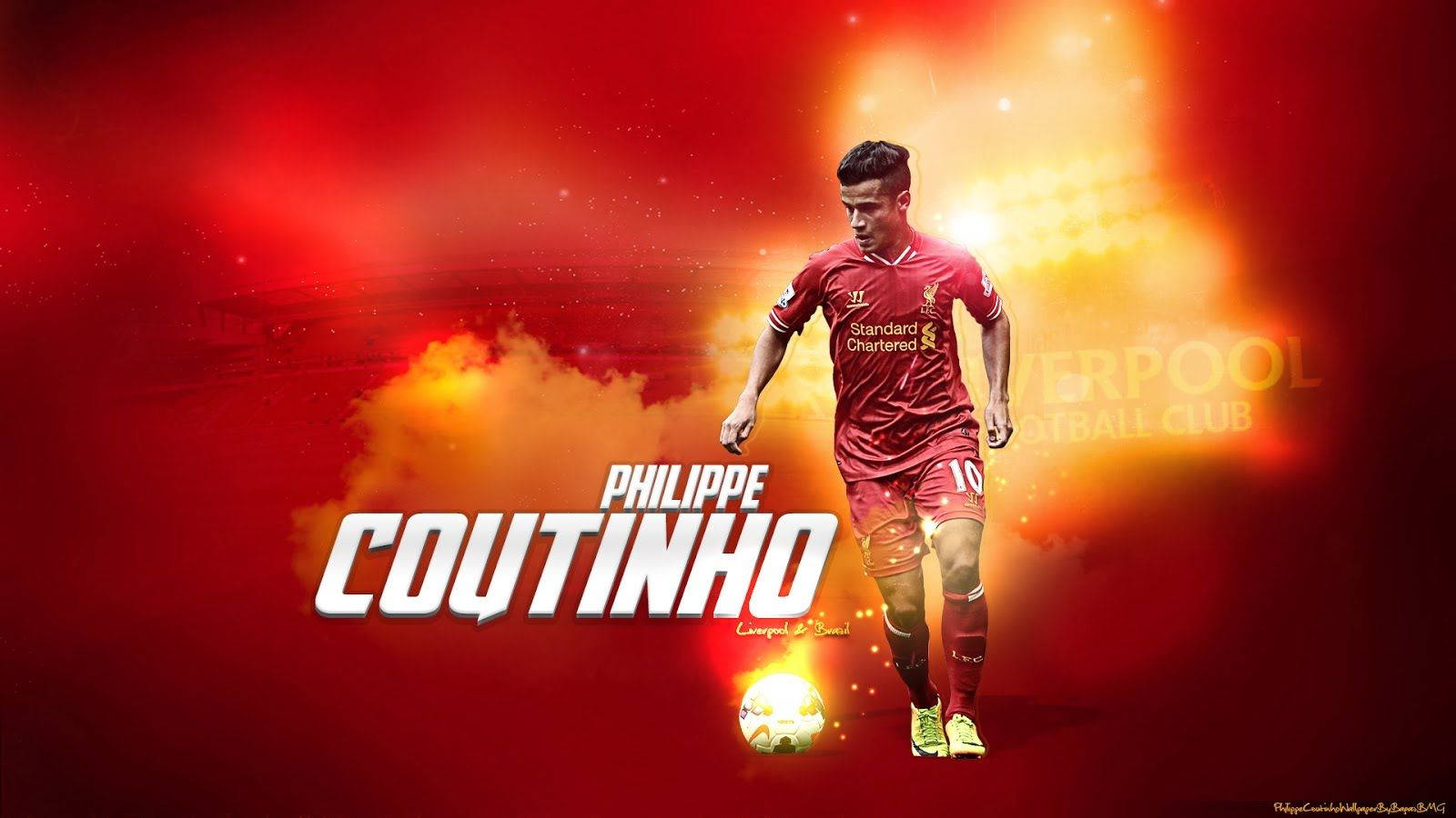 Coutinho 桌布 壁紙 — 身穿利物浦球衣的足球員菲利普·庫蒂尼奧在火紅和橙色的抽象背景前盤球發光。