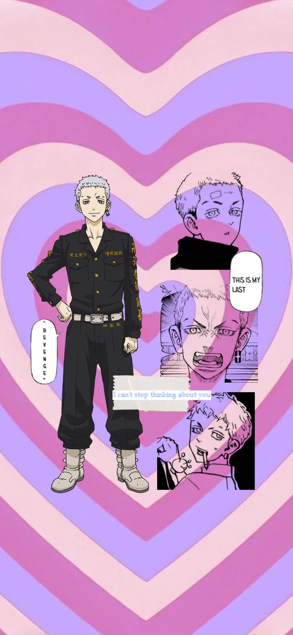takashi mitsuya 桌布 壁紙 — 身穿制服的動漫角色自信地站在粉紅色和紫色心形圖案背景前，並有漫畫格展示情感表情。