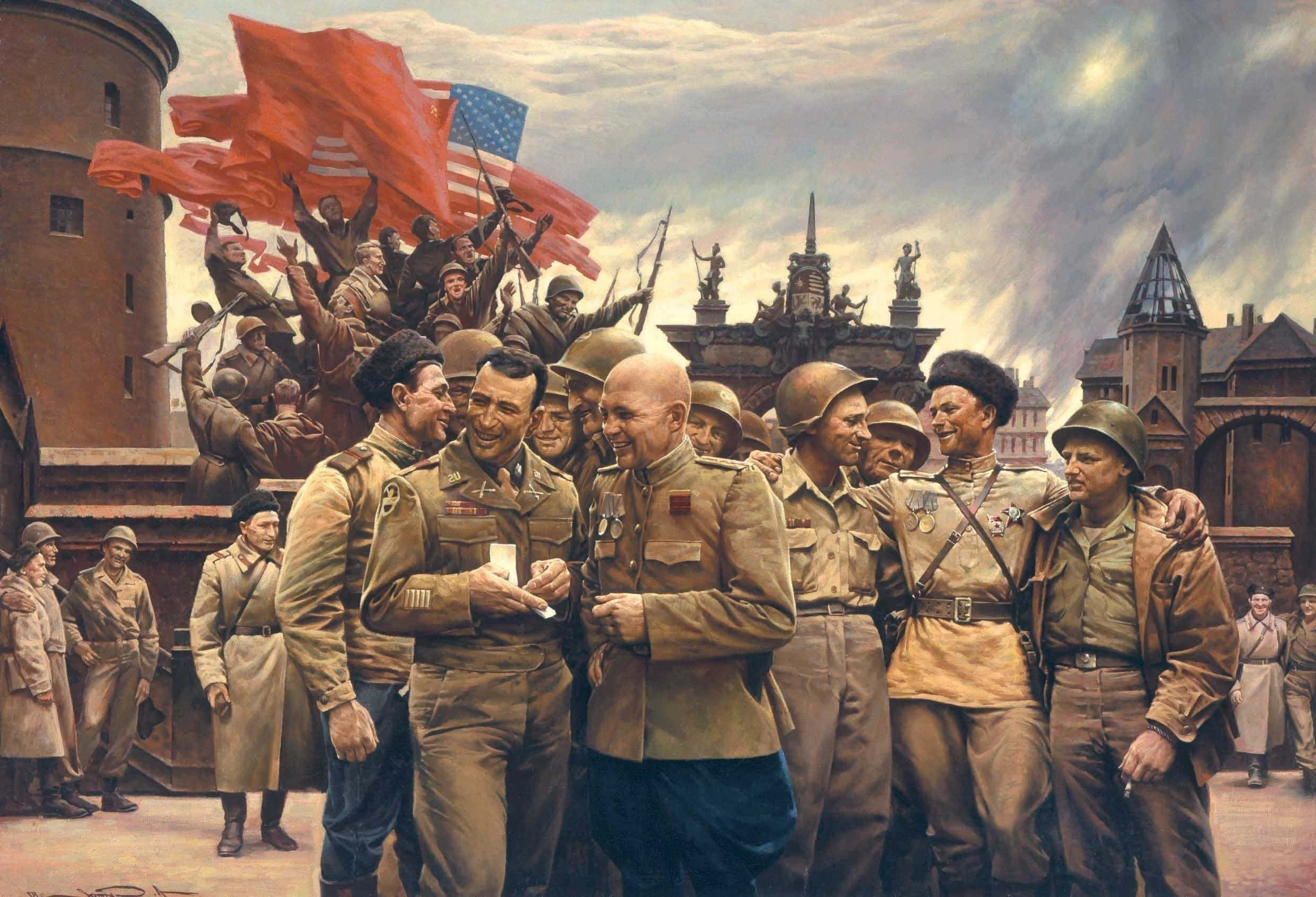 桌布 壁紙 — 身穿制服的士兵在陰天之下，旗幟勝利地飄揚在歷史悠久的歐洲城市景觀之上，分享歡樂時刻。