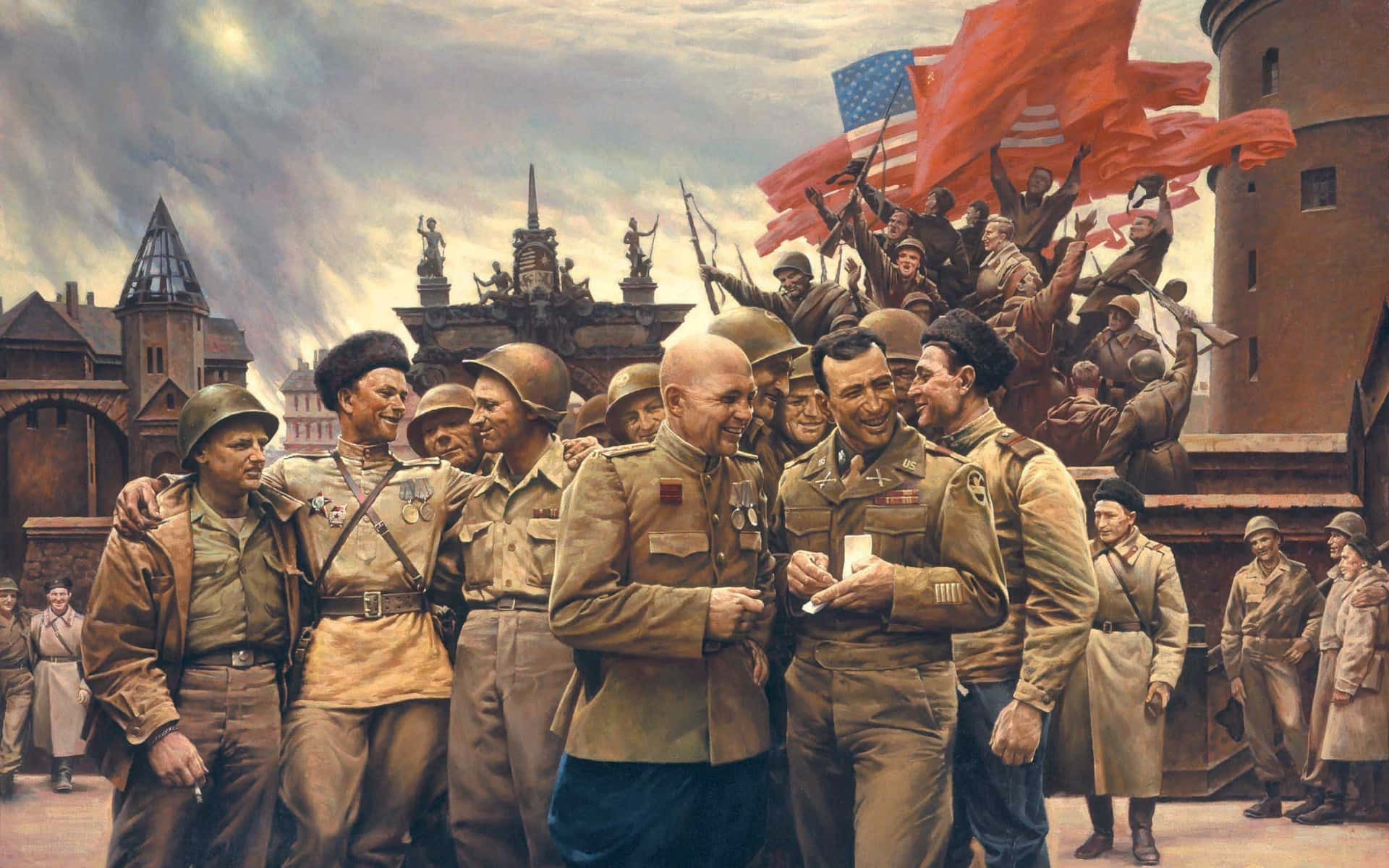 World War 2 桌布 壁紙 — 身穿制服的士兵在陰天天空下，在飄揚的旗幟和歷史建築中歡樂慶祝。