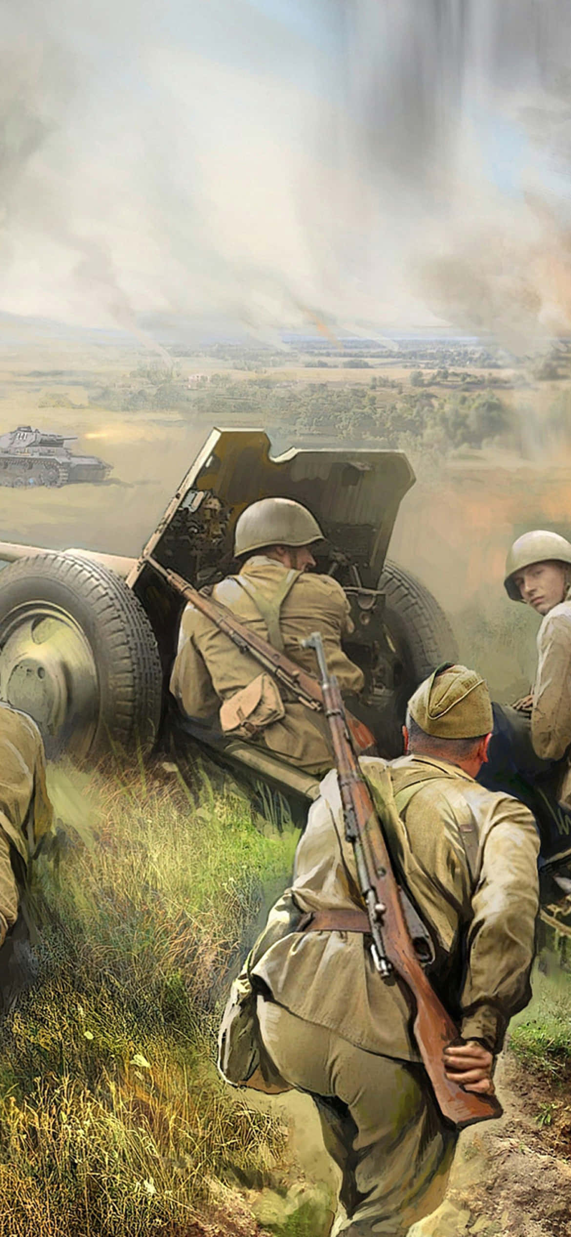 Ww2 iPhone 桌布 壁紙 — 身穿卡其色軍裝的士兵在煙霧和遠處坦克的草地上操作野戰炮。