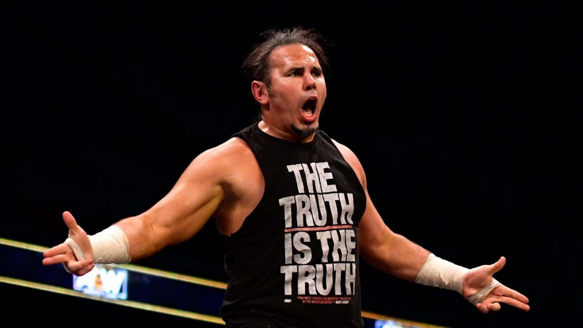WWE 桌布 壁紙 — 身穿印有「THE TRUTH IS THE TRUTH」字樣的黑色背心的摔角手在明亮燈光下於擂台上張開雙臂咆哮。